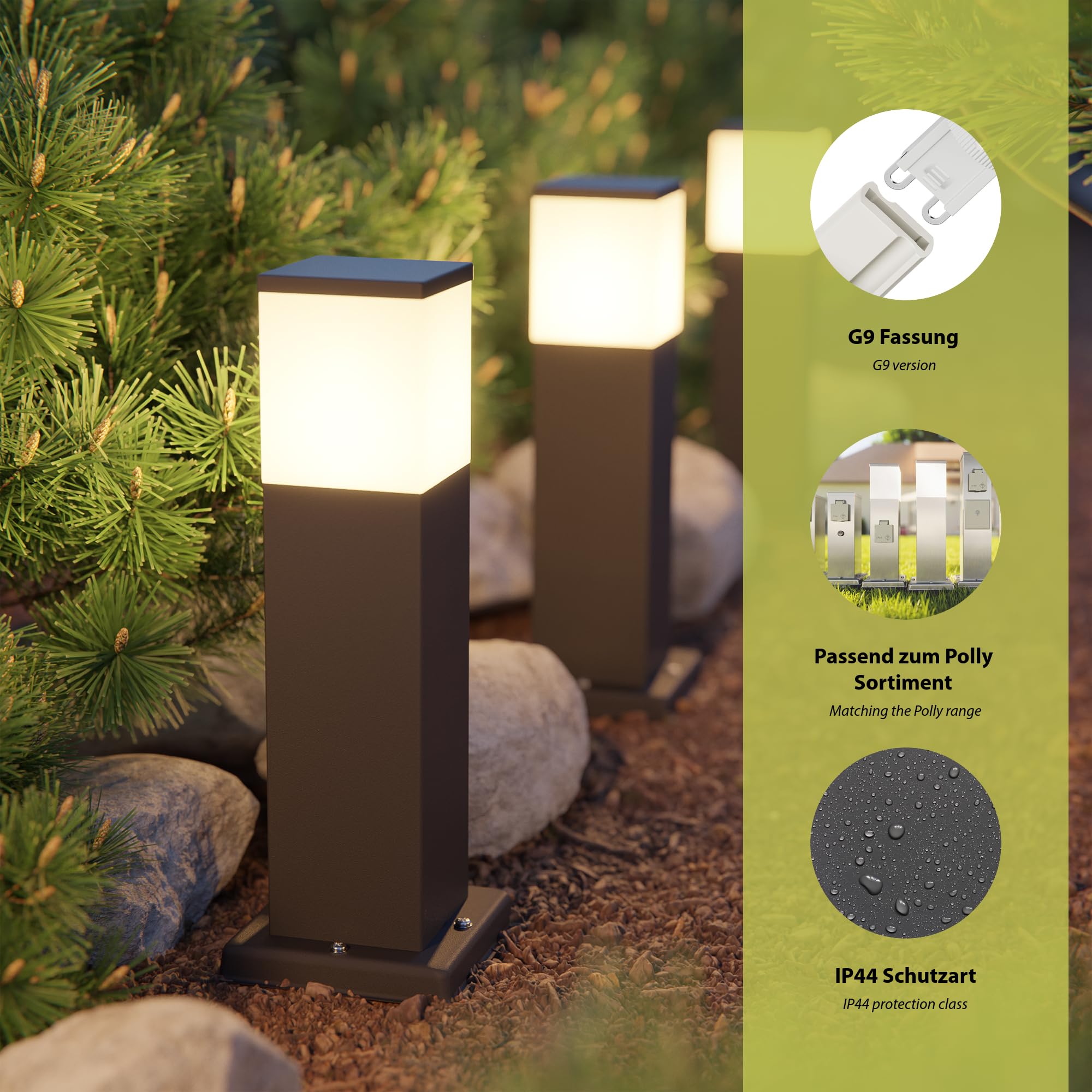 ledscom.de 3x Wegelicht/Pollerleuchte POLLY für außen, IP44, 35 cm, anthrazit, 1x G9 max. 10W