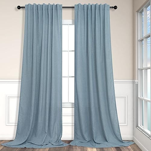 Cortinas de lino azul de 84 pulgadas de largo para sala de estar, juego de 2 paneles con pestaña trasera, bolsillo para barra, cortinas