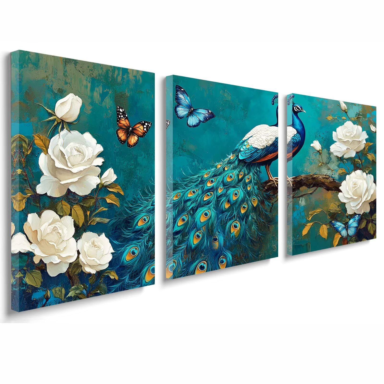 3 Pcs Cadre en Bois Impression sur Toile, Tableau Decoration Murale, Tableau Fleur Affiche Decoration Murale Paon Poster et Arts Décoratifs Triptyque Salon Chambre Prêt a Accrocher 35x50 cm 1f-1093