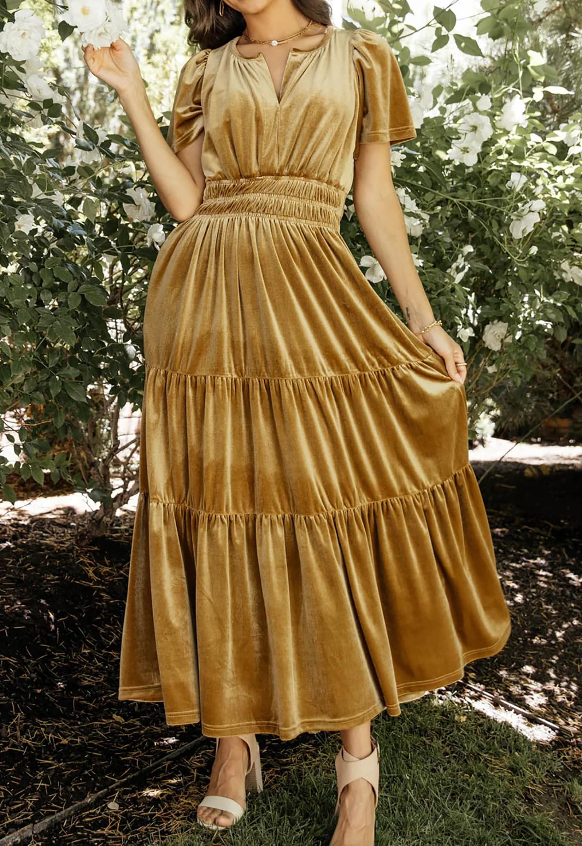 R.Vivimos Automne Hiver Femmes Velours Maxi Robe Manches Courtes V Col en échelons Ruffle Une Ligne Robe Vintage