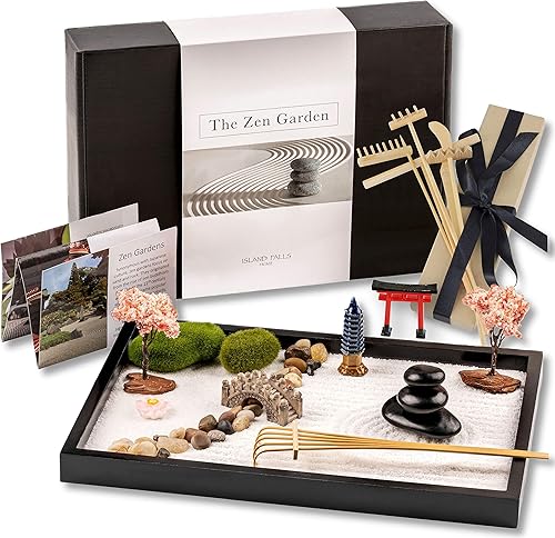 Zen Garden Kit 11x8in. Beautiful Japanese Decor Mini Rock Feature Gift Set for Home, Office Desk. Zen Sand Garden, 6 Tools, 15 Accessories. Sand