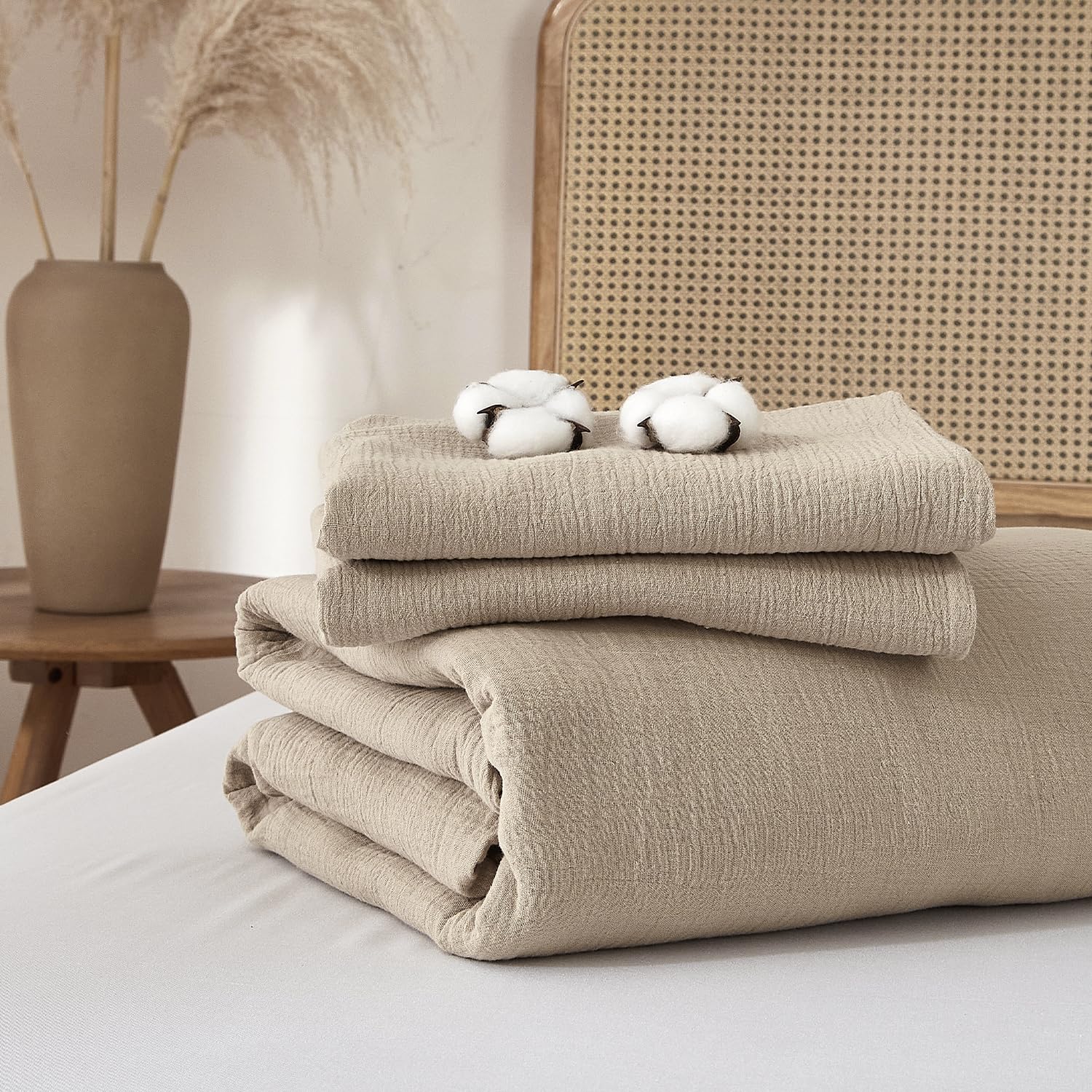 Luofanfei Juego de ropa de cama de muselina de 220 x 240 cm, color marrón topo y caqui, estilo bohemio, refrescante, para verano, suave, no necesita planchado, con cremallera y fundas de almohada de