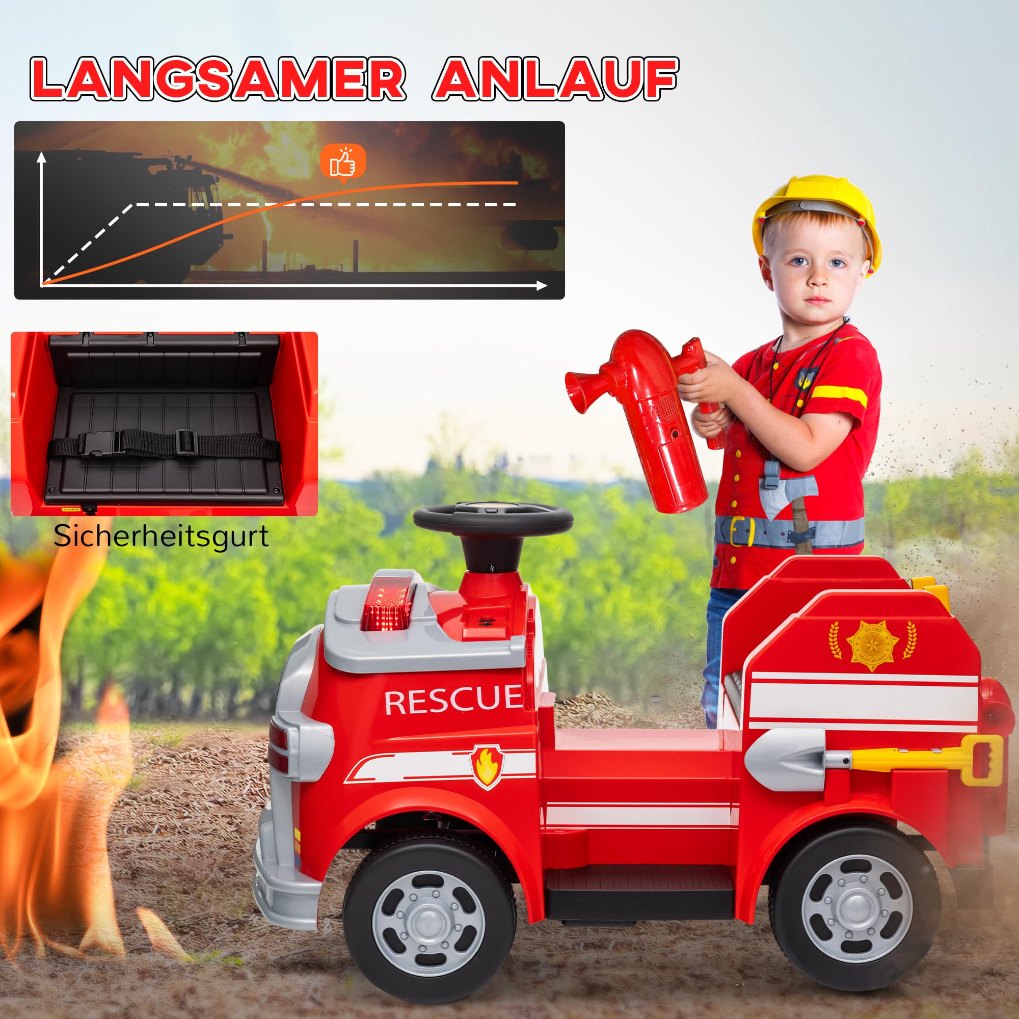 AIYAPLAY Kinder Elektroauto 12V Kinderauto Elektrisch für 3-5 Jahre Rot | Hupe, Musik, Sirene, Warnlampe, Elektrofahrzeug mit Scheinwerfer, Sanftanlauf, Kinder Feuerwehrauto, 3 km/h