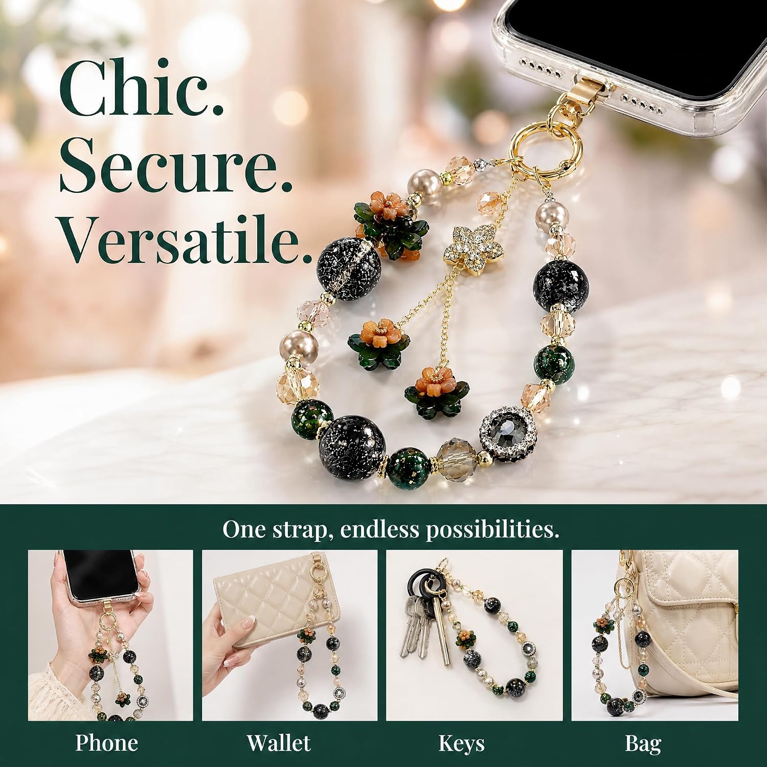 Beaded Phone Charm Wrist Strap Crystal Flower Phone Charm Chain Beaded Cellphone Lanyard Cute Dangle Strap Keychain Bag Accessory