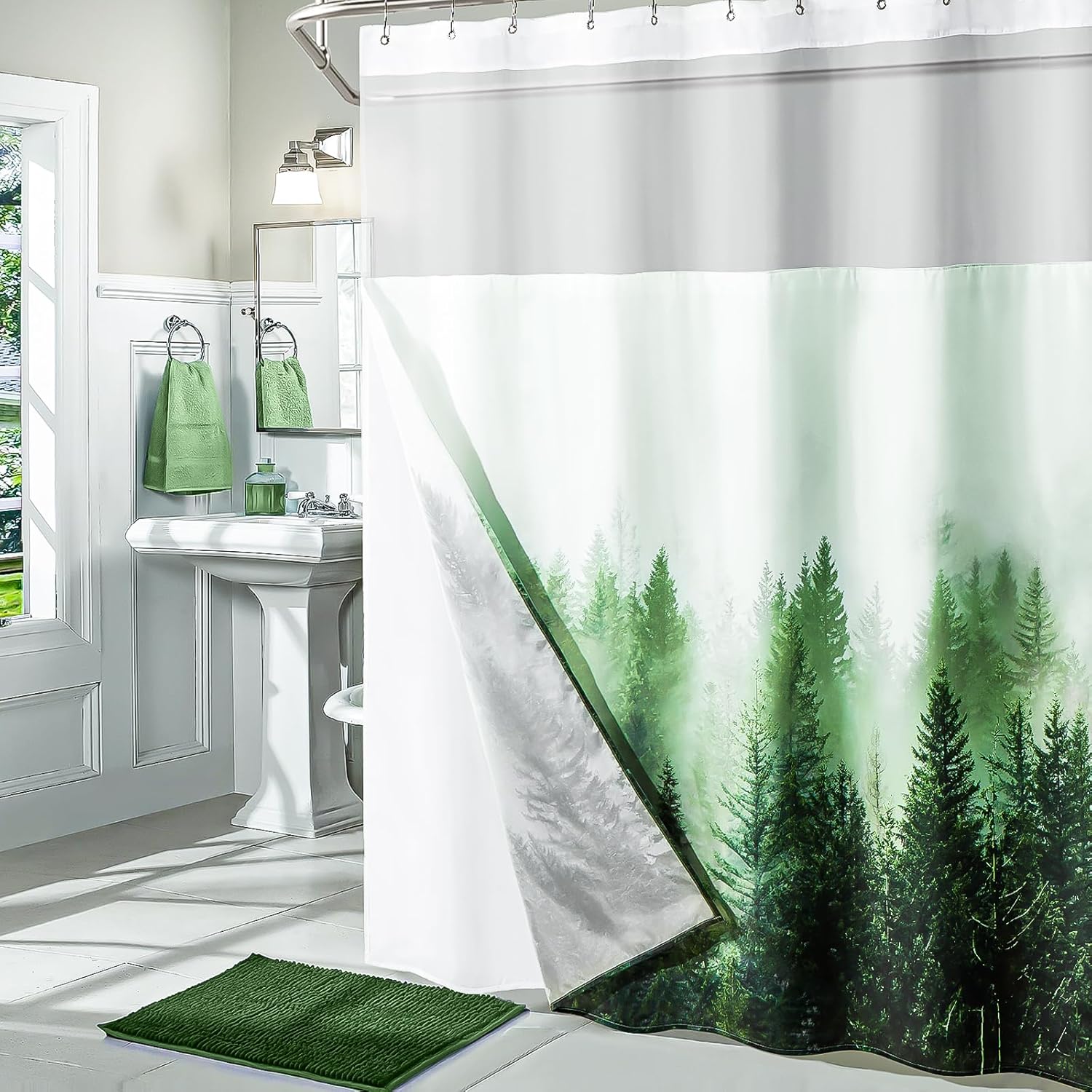ORTIGIA Misty Forest Shower Curtain with Liner for Bathroom, Green Double Layer Nature Shower Curtain Set with See Through Top Window, Luxury Fabric Tree Bath Curtain, 72x74 with Metal Hooks