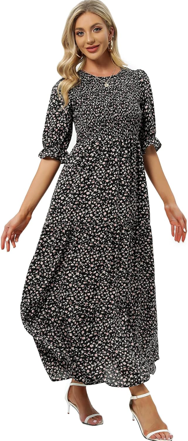 Womens Summer Casual Half Sleeve Bohemian Floral Tiered Maxi Dress - Image 4