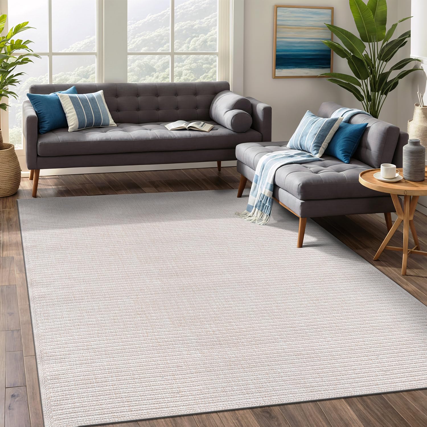 Beverly Rug Easy Jute Off White Rug 8x10 Solid Washable Durable Outdoor Indoor Area Rugs for Living Dining Room Patio Office Stain Resistant Non