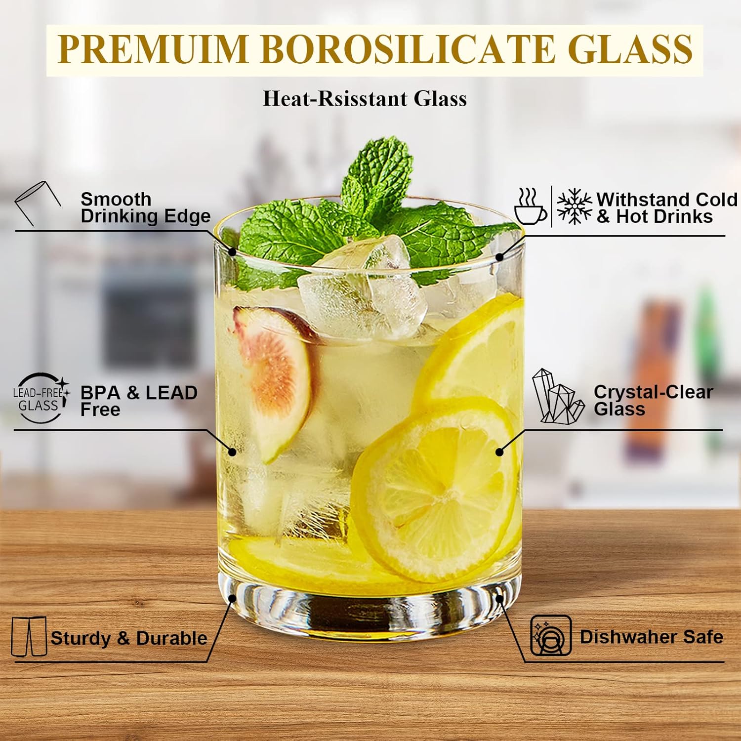 13.8oz Borosilicate Glass Drinking Glasses Set of 6, Heat-Resistant Double Old Fashioned Lowball Tumblers, Crystal Clear Water Cups, Lowball Glasses Rocks Glasses for Cocktail, Whiskey Glasses