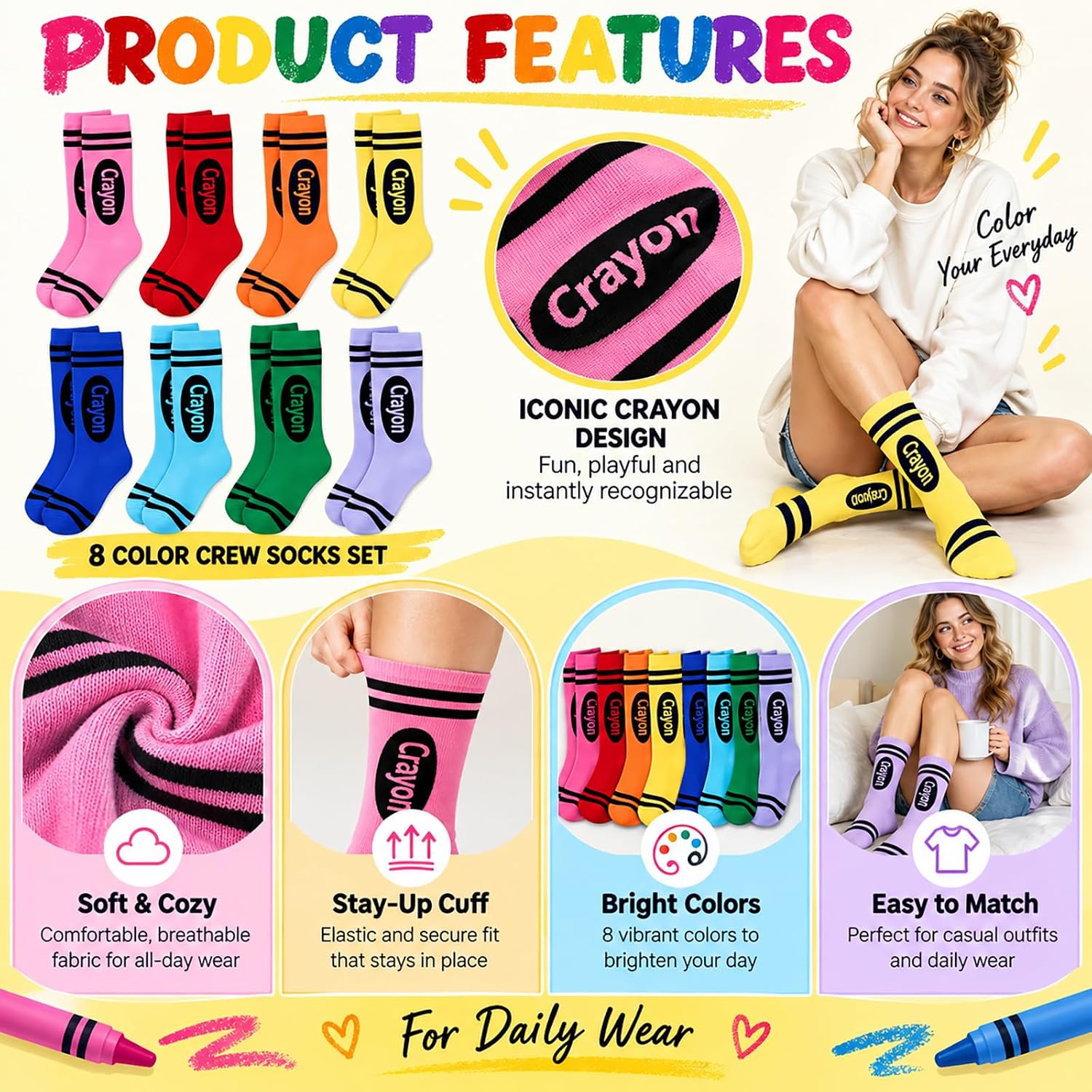 4/8 Pairs Crayon Socks for Women, Colorful Knee High Teacher Halloween Sock image 3