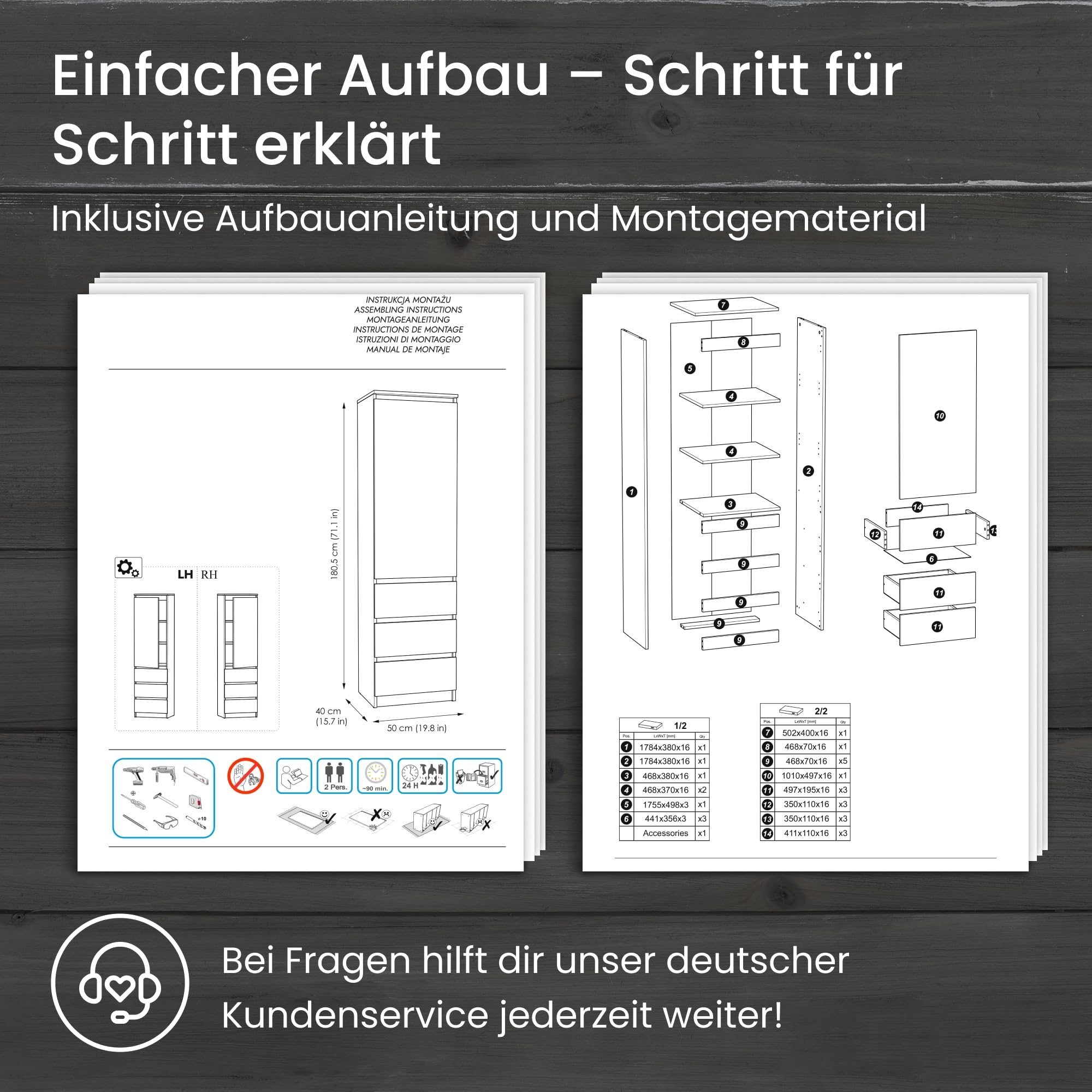 Kleiderschrank, Garderobenschrank, Mehrzweckschrank mit 3 Einlegeböden & 3 Schubladen | kompakter und funktionaler Schrank für Schlafzimmer, Flur oder Arbeitszimmer | 50x40x180 cm (BxTxH) | Weiß
