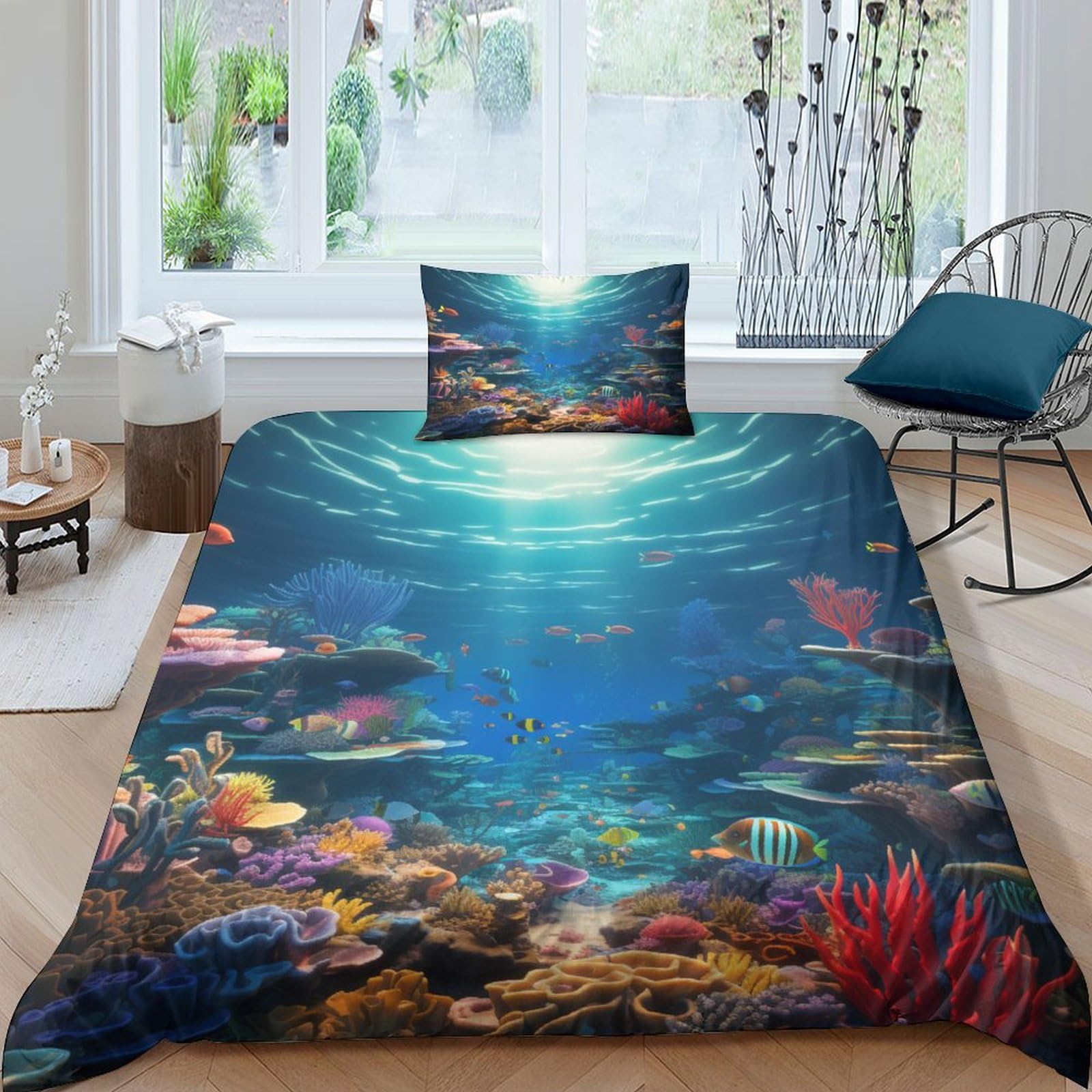Aaharya Underwater World Duvet Cover 3D Sea Life Printed Pattern Design Bedding Set Comforter Cover For Kids Aldult Bedspread Soft Microfiber Quilt Cover 3Pcs Set Single（135X200cm）