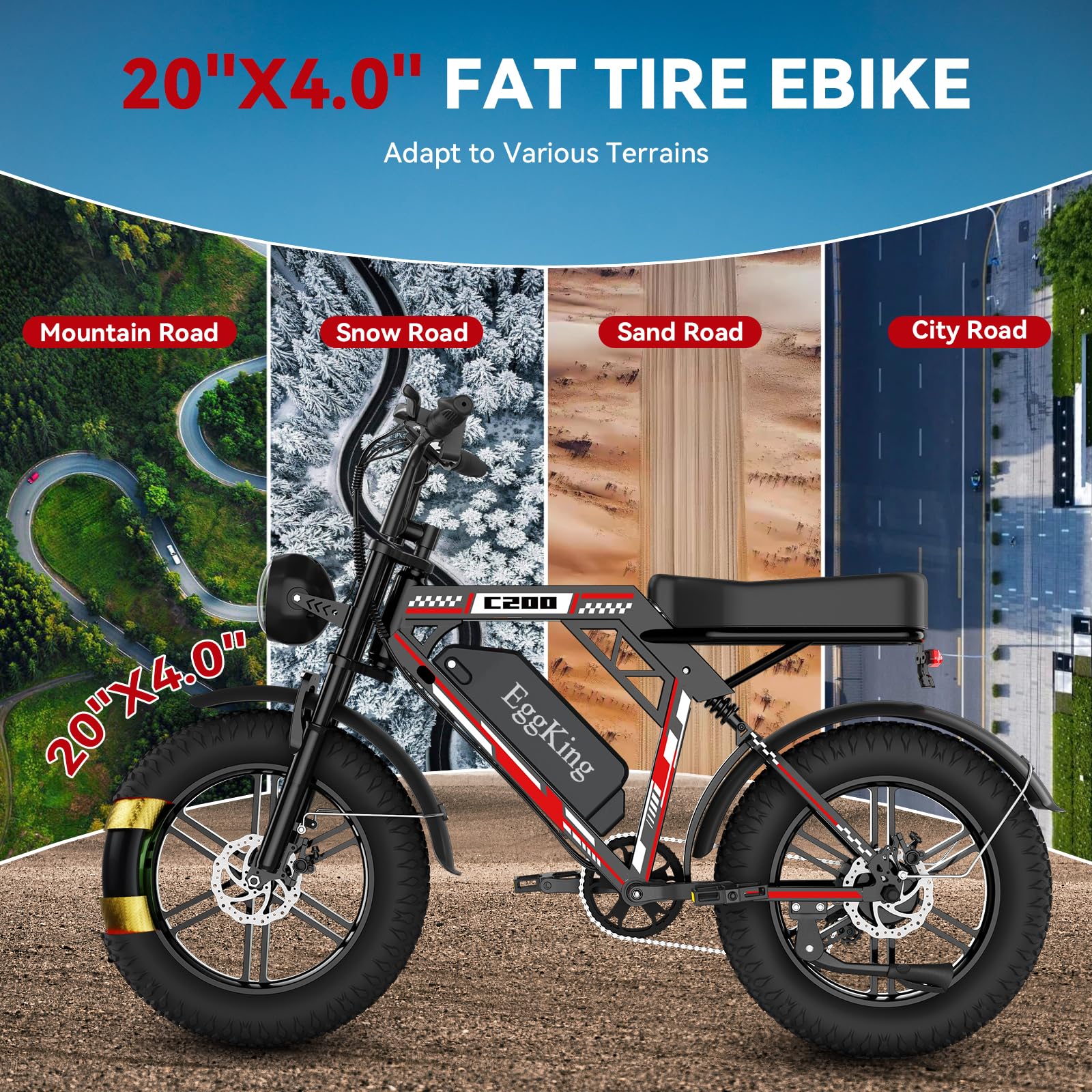 EGGKING Vélo Électrique 20" x 4.0 Fat Tire Double Suspension 7 Vitesses E-Bike Adulte Batterie Amovible 48V 17.5/15Ah Affichage Contrôle APP