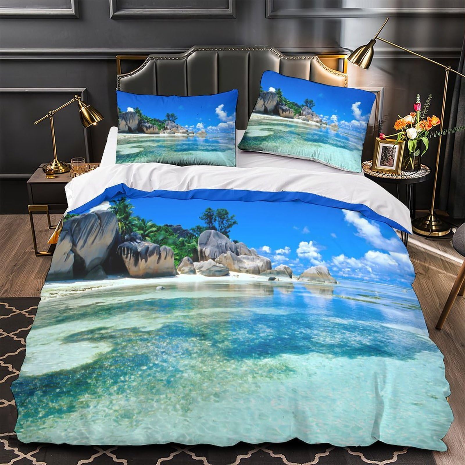 Housse de couette plage tropicale 135x200 microfibre lit simple coucher de soleil