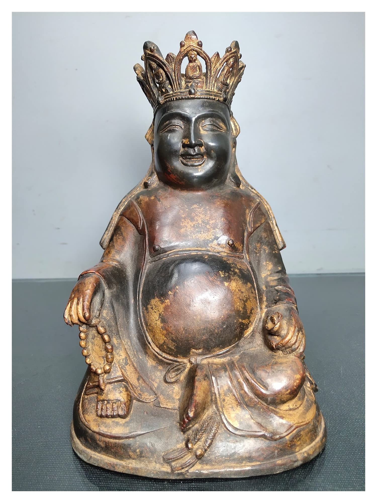 Statue Bouddha Maitreya en bronze de 23cm laqué cinabre pour autel