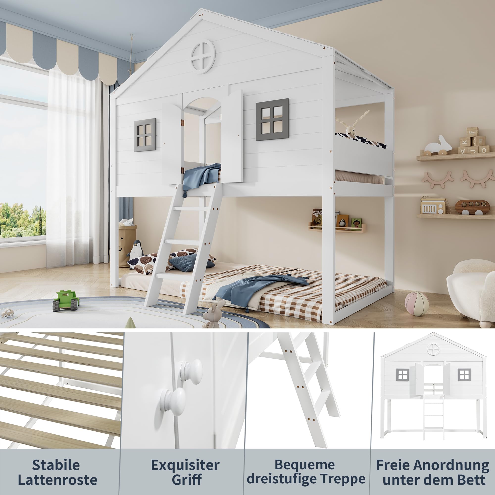 Merax Hochbett 90x200cm, Kinderbett Etagenbett mit Sicherheitsleiter, Rausfallschutz & Lattenrost, Hausbett mit Dach & Fenster, Platzsparendes Stockbett Jugendhochbett, Unterhaltungsbereich, Weiß