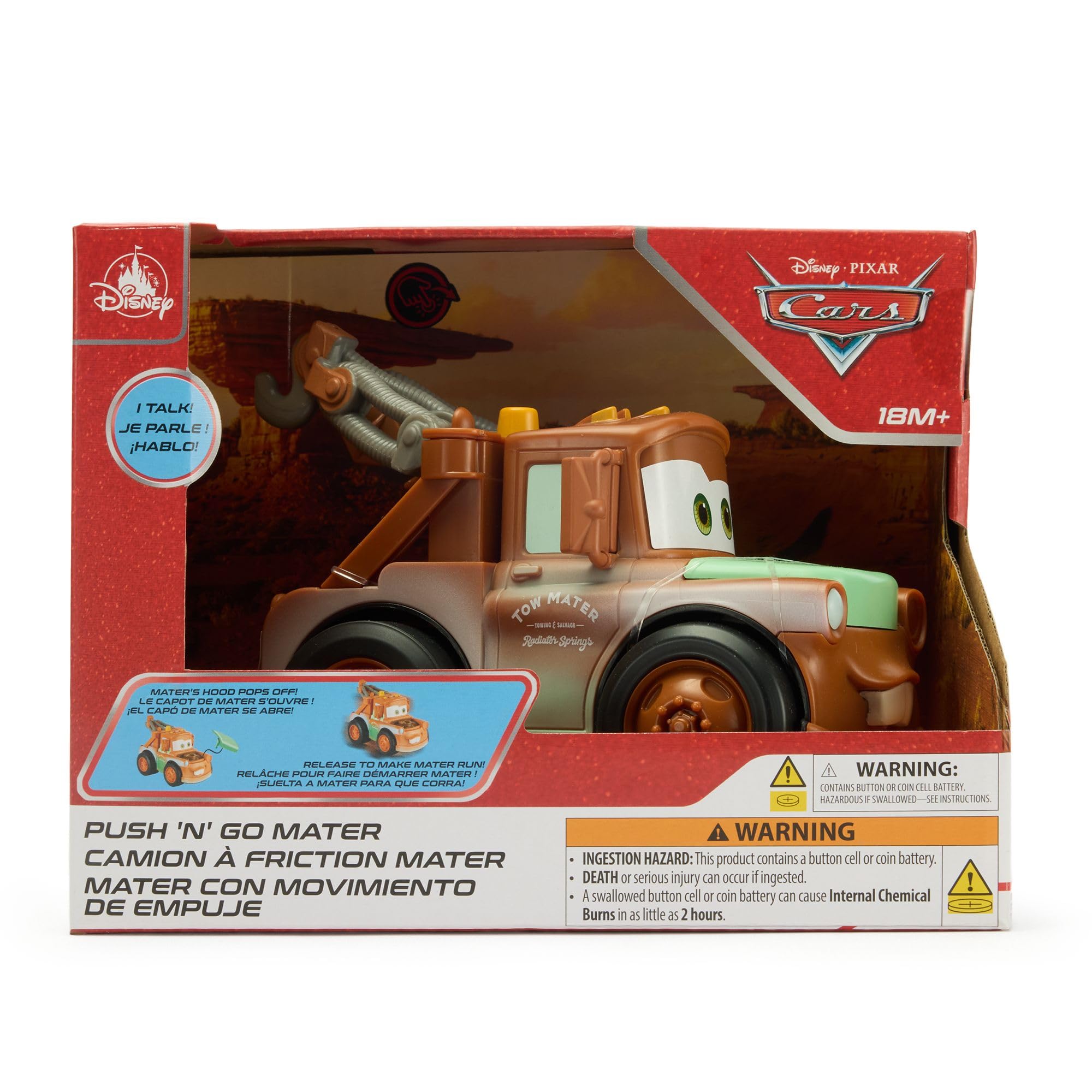 Disney Store Veicolo parlante ufficiale Mater Push 'N' Go - Giocattoli Pixar Cars - Azione con Suono e Movimento - Giocattoli del film Cars - Rivelazione del Motore e Frasi Chiave - Regalo Disney