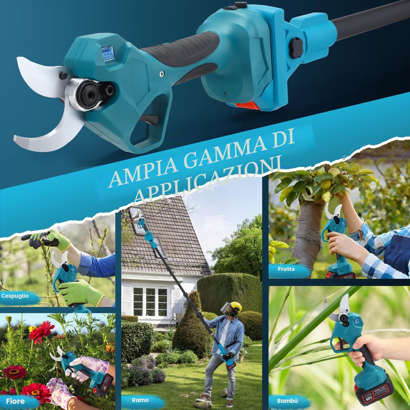 Forbici Potatura a Batteria con Asta,Con asta telescopica da 233 cm Due batterie da 3000 mAh Lama in Acciaio al Carbonio SK5 per Rami Alberi Giardini Electric Pruning shears