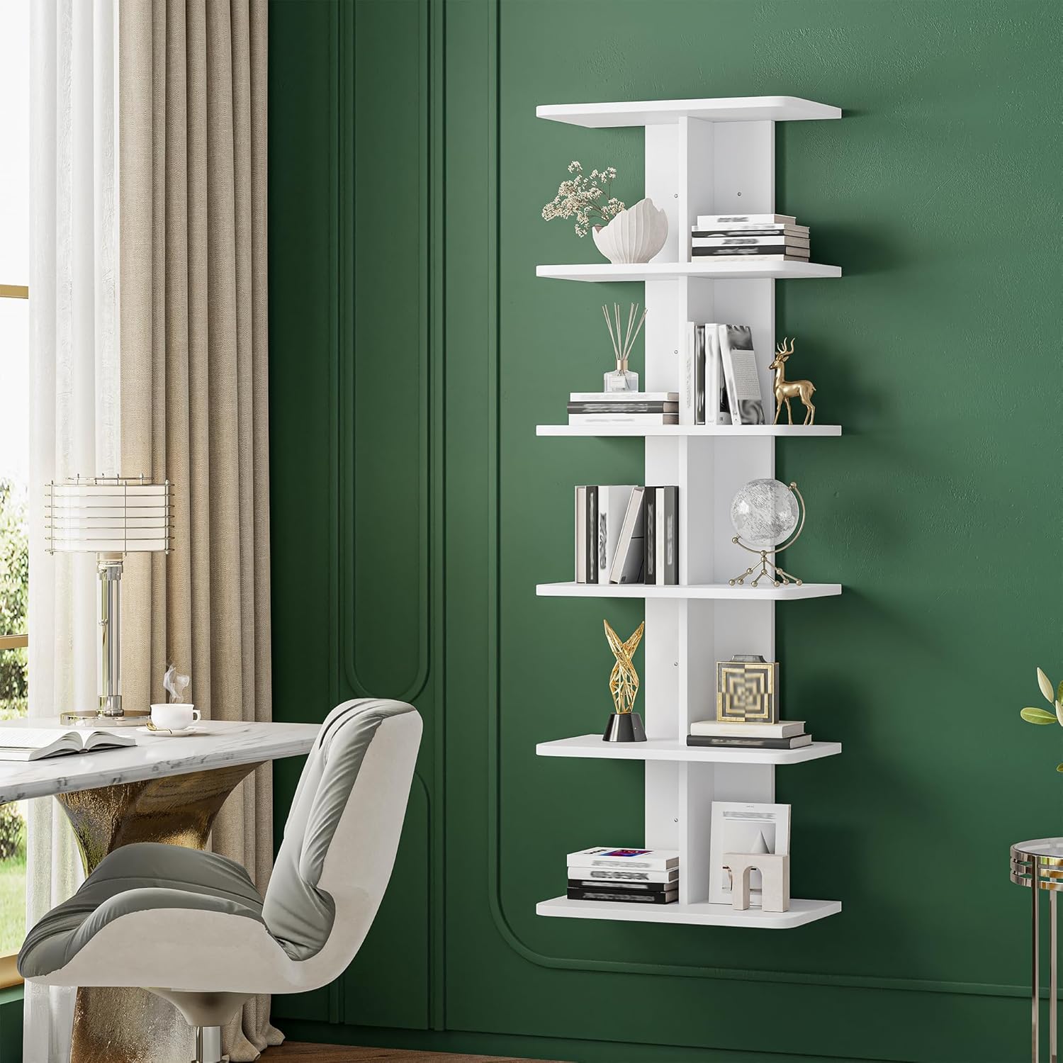 REIBII 6 Tier Floating Shelves, Vertical Column White Wall Shelves for Home Decor, Wall Shelf for Vanity, Bedroom, Living Room, Office