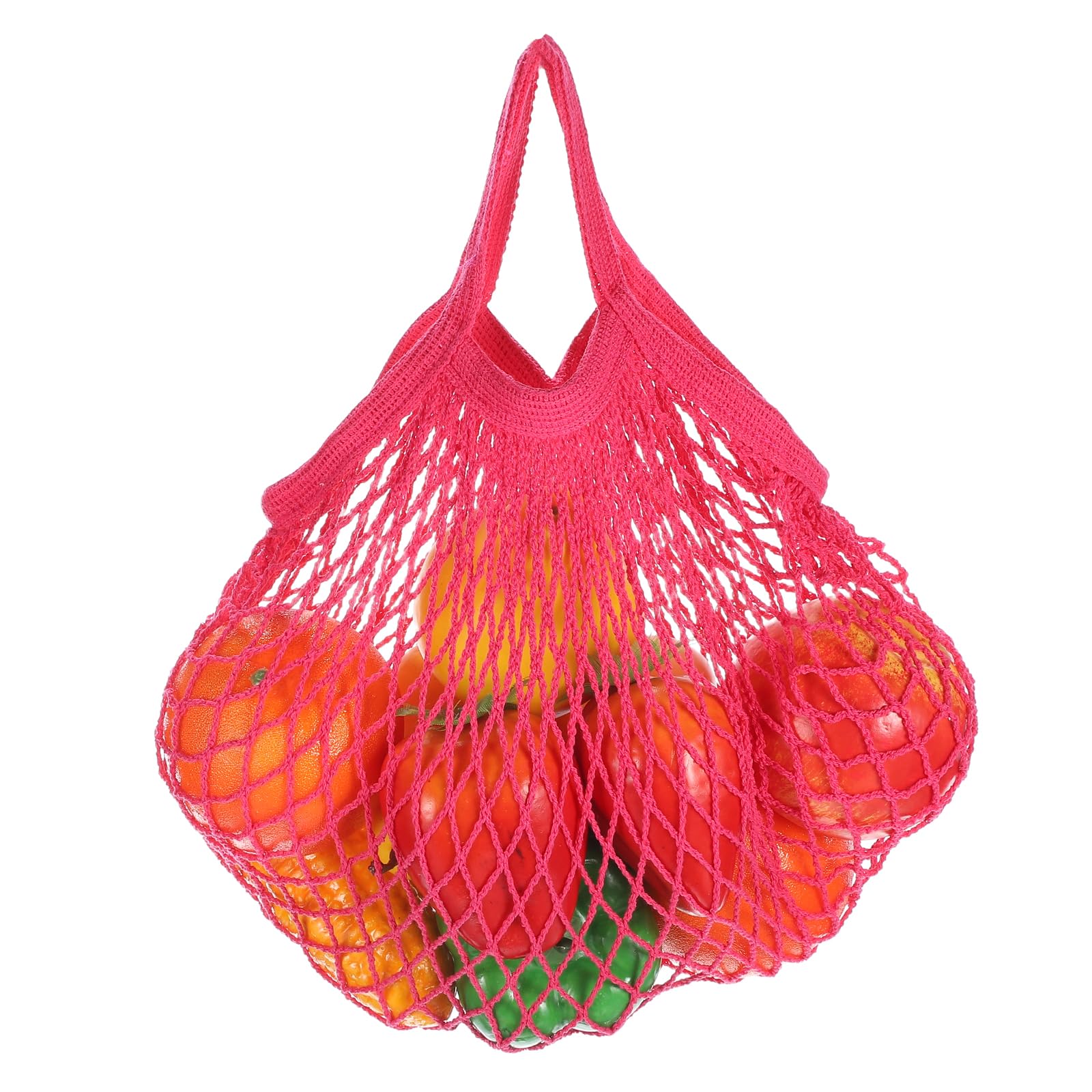 sourcing map Reusable Mesh Produce Storage Bags Washable Net Portable Fruit and Vegetable Bag Cotton String with Short Handle for Grocery Shopping Storage Fruit Vegetable, Rose Red