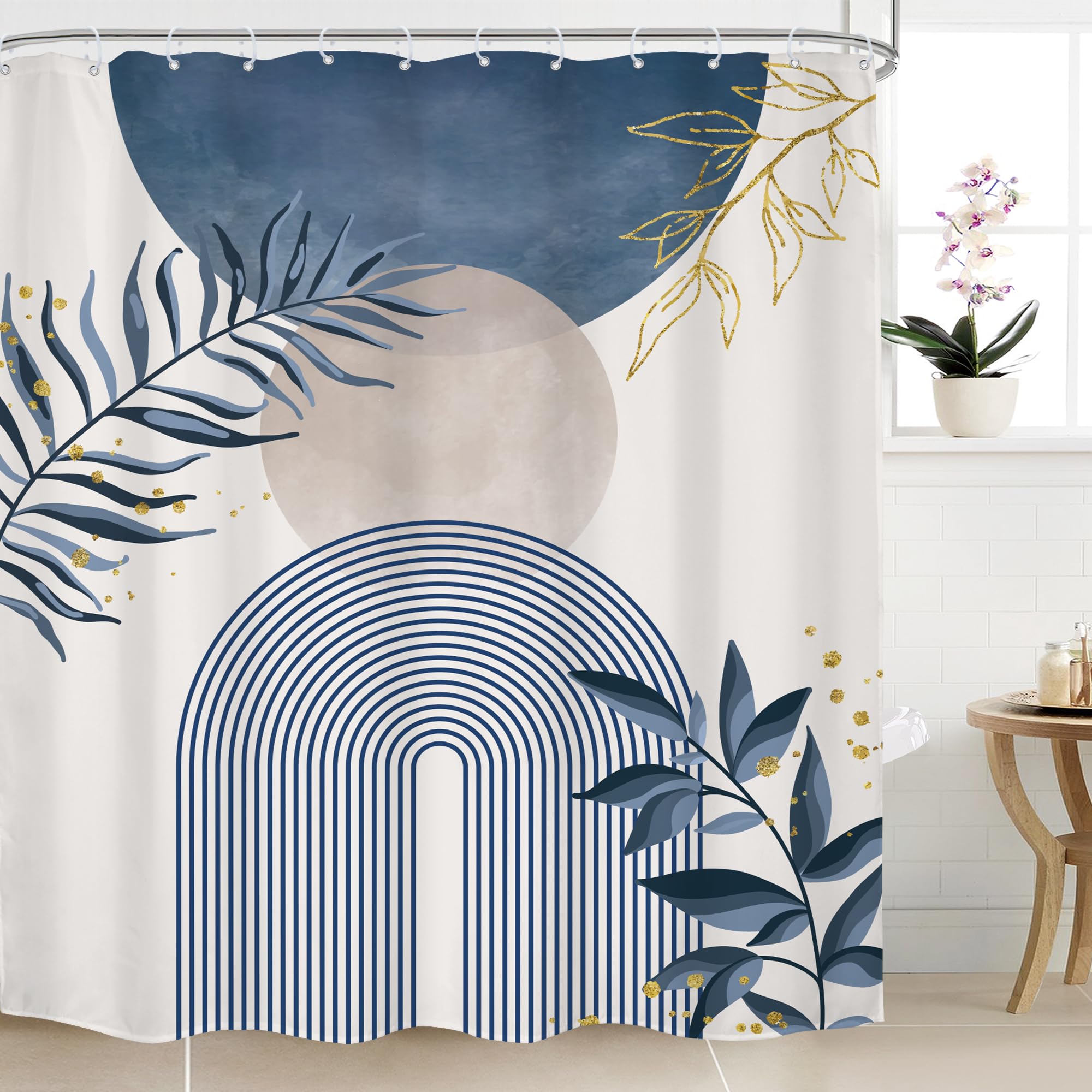 Mitpok Blue Gray Boho Shower Curtain 72Wx84H Extra Long Dusty Blue Modern Bohemian Abstract Gold Leaf Mid Century Plant Bathroom Decor Minimalist