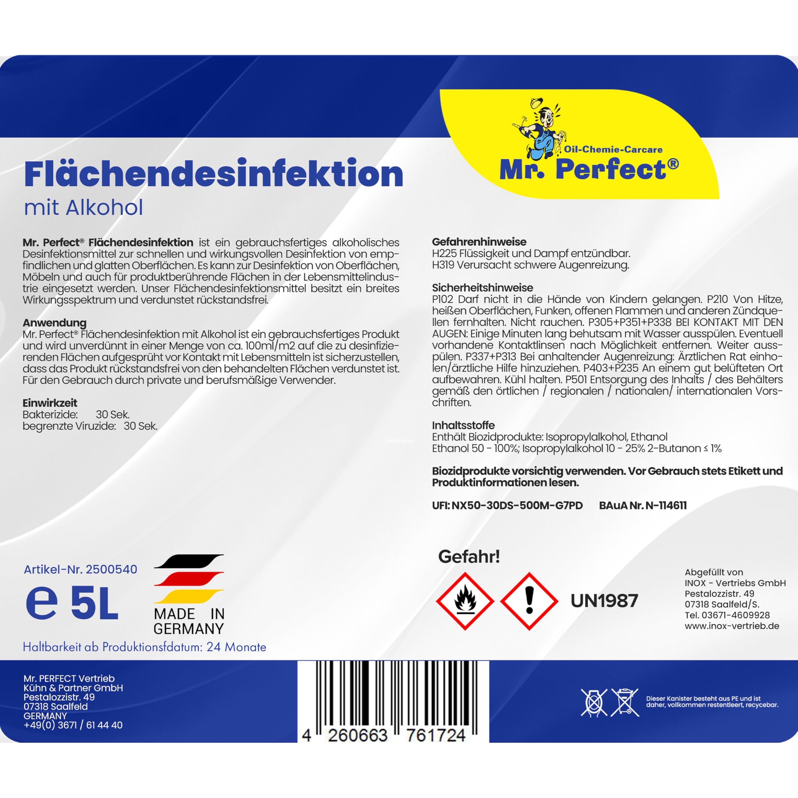 Mr. Perfect® alkoholisches Flächendesinfektionsmittel 2x5L - Hochwirksame Flächendesinfektion mit Alkohol - Ideales Desinfektionsmittel für alle glatten Oberflächen