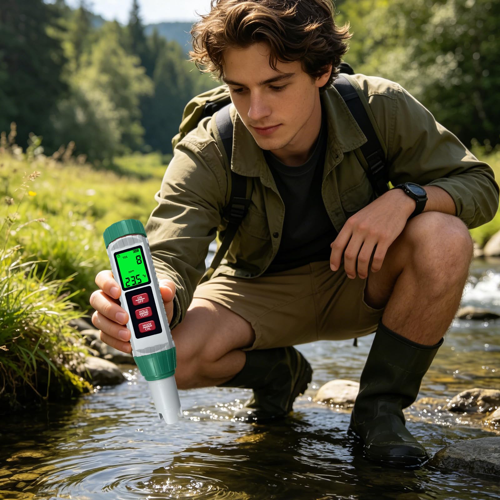 Comprobador de calidad del agua 5 en 1 pH EC TDS salinidad alta precisión | Sonda resistente a la corrosión/pantalla LCD dual