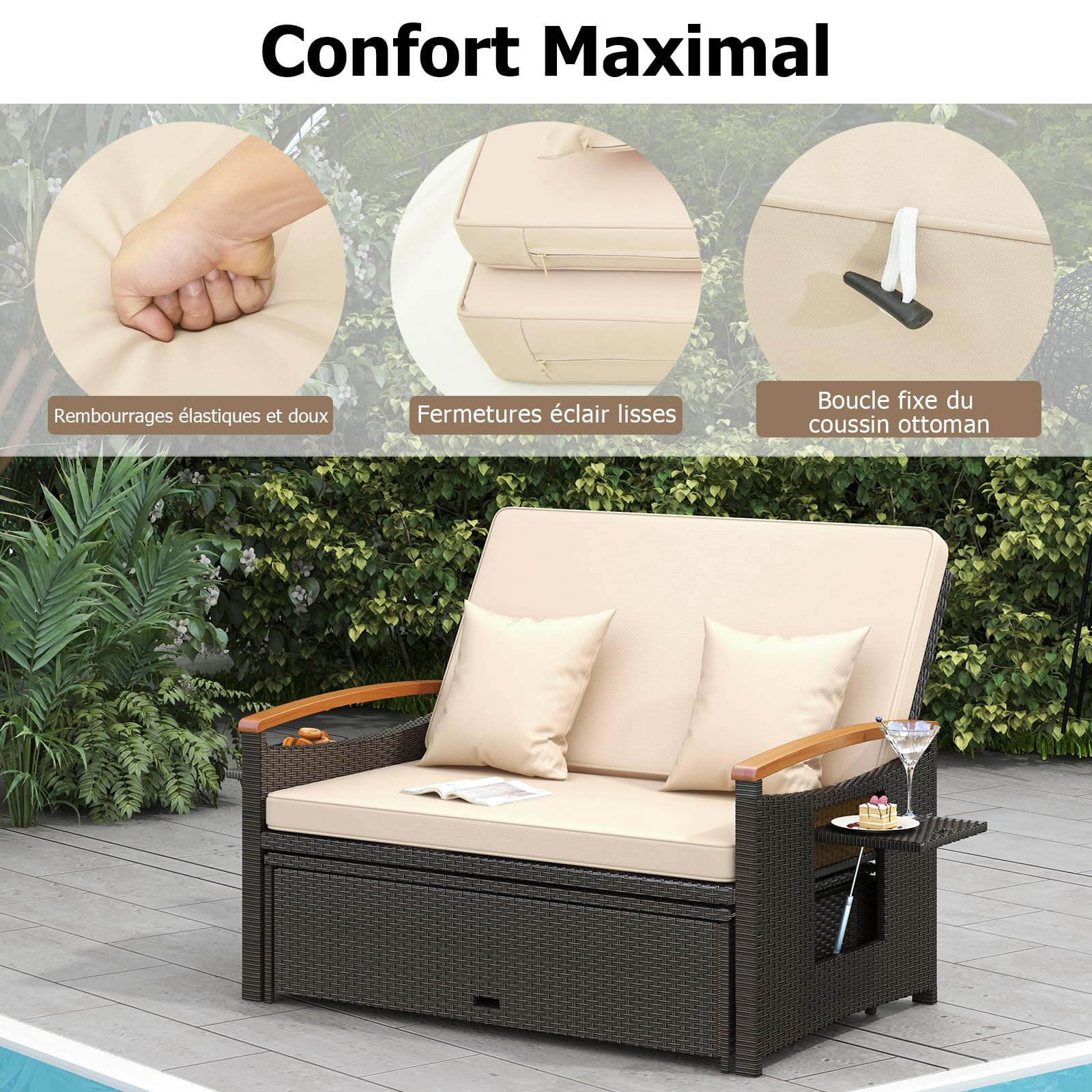 GYMAX 4-en-1 Canapé-Lit de Jardin, Table Basse, Ottoman, Coussins Oreillers Confortables, Dossier Réglable à 4 Niveaux, Salon de Jardin Exterieur en Rotin 2 Personnes, pour Patio, Terrasse, Piscine