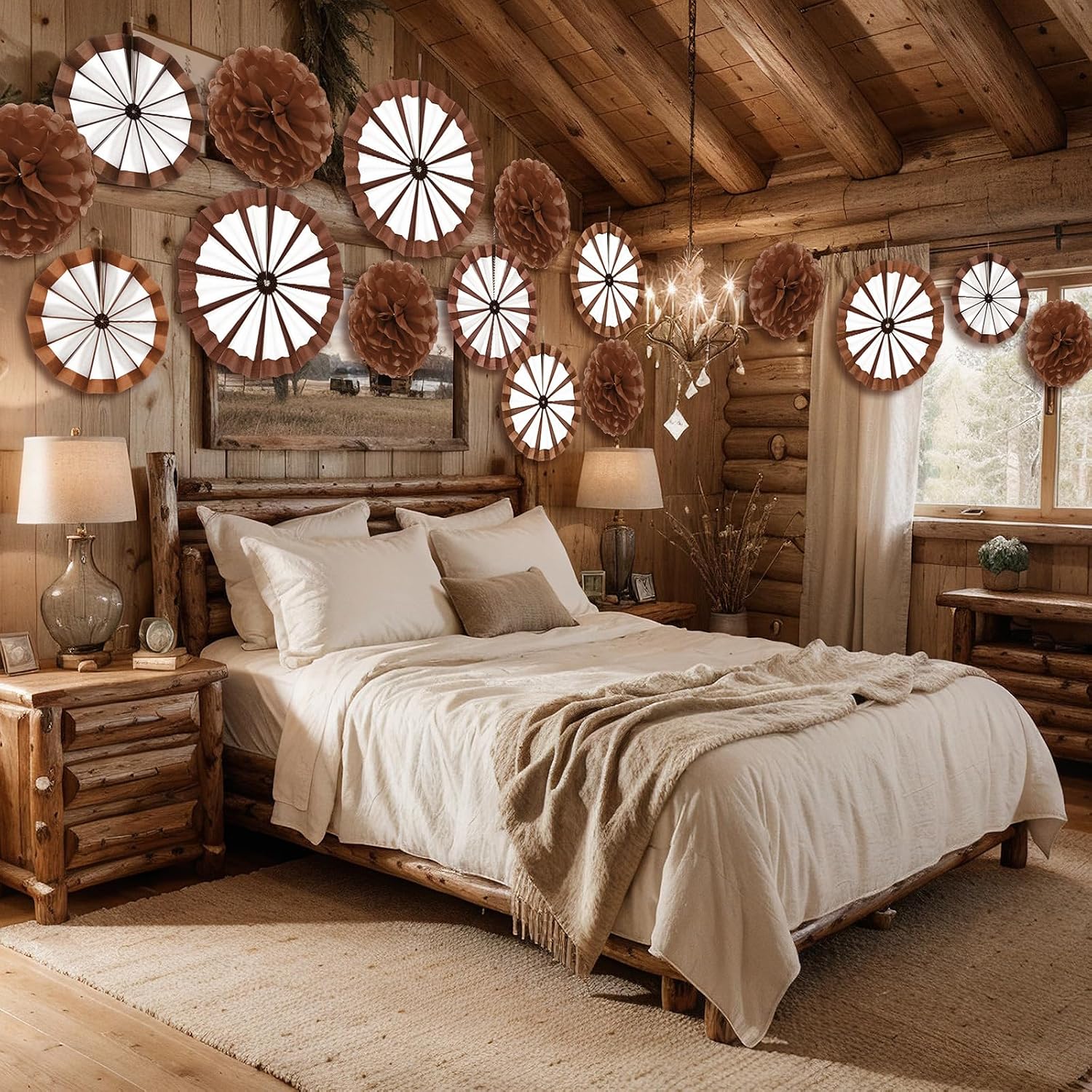 Outus 21 Pcs Western Cowboy Party Decorations Paper Fans Wagon Wheels Decorations Brown Paper Pom Poms Country Western Hanging Fans Tissue Flower for Wild Cowboy Themed Birthday Party Supplies Decor