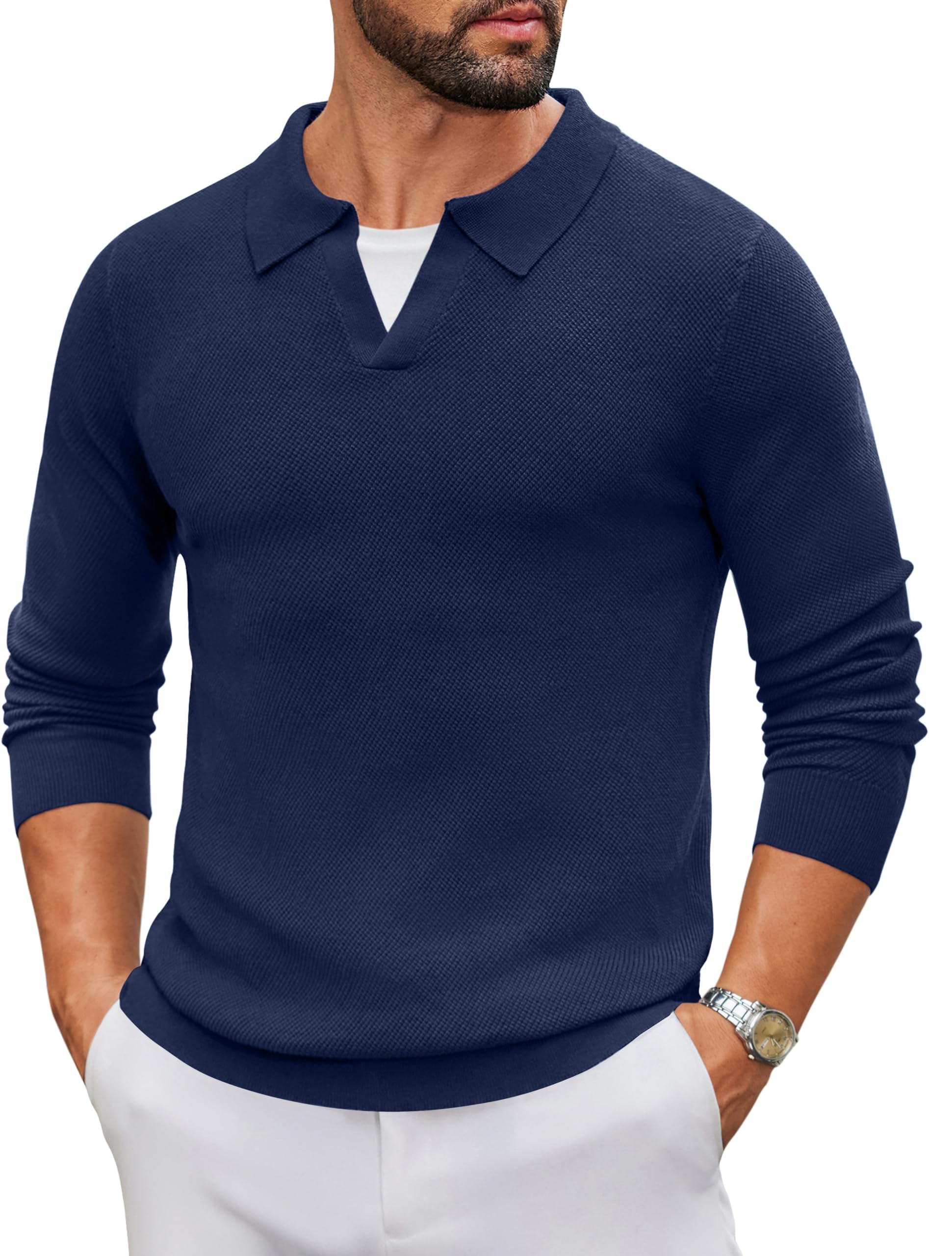 Men's Knit Polo Sweater Long Sleeve V-Neck Pullover Sweaters Casual Collared Ribbed Knitted Polos