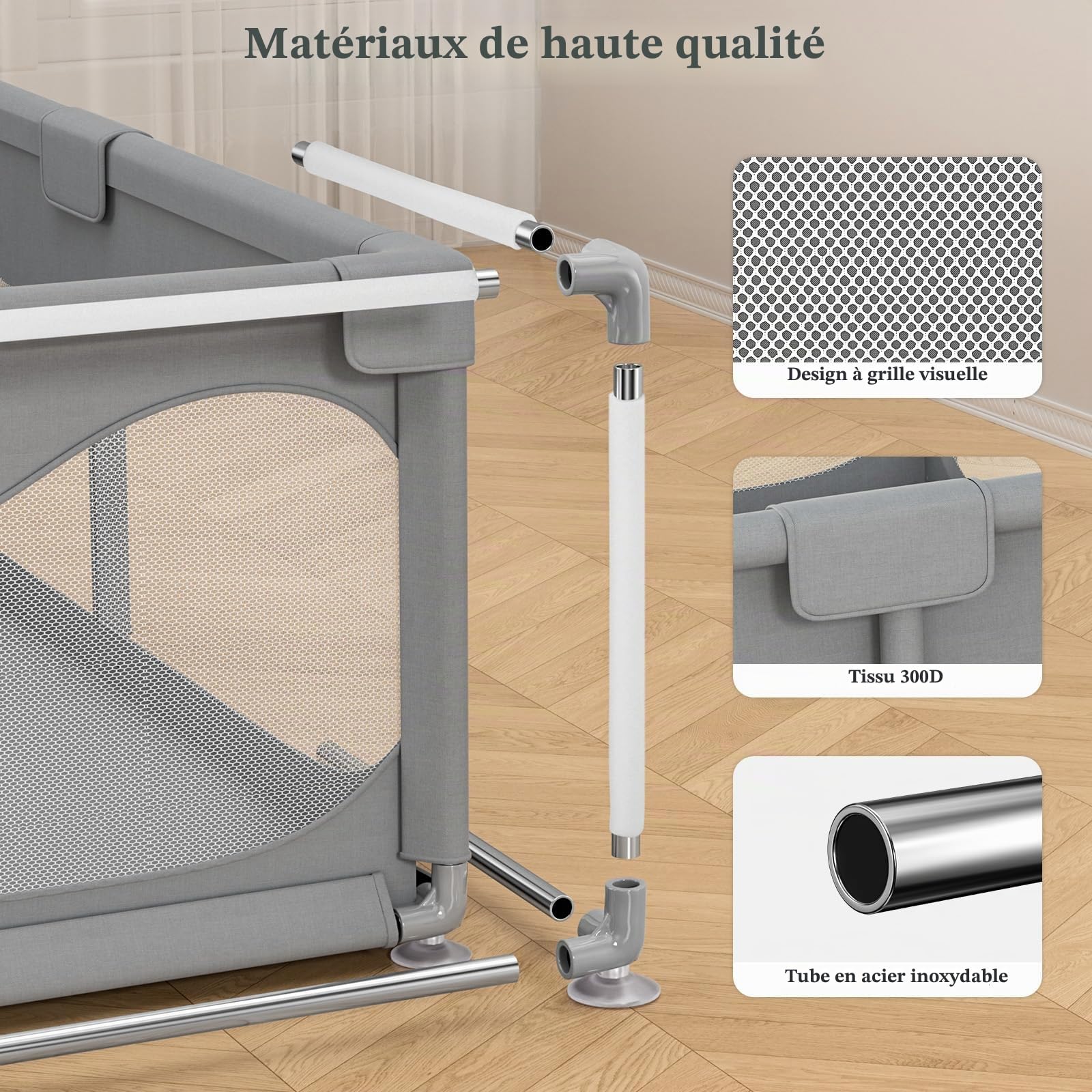 Parc Bébé 200 X 180cm Avec Ventouse, Grande Base Antidérapante, Centre d'Activités pour Enfants - Sans Tapis, Gris