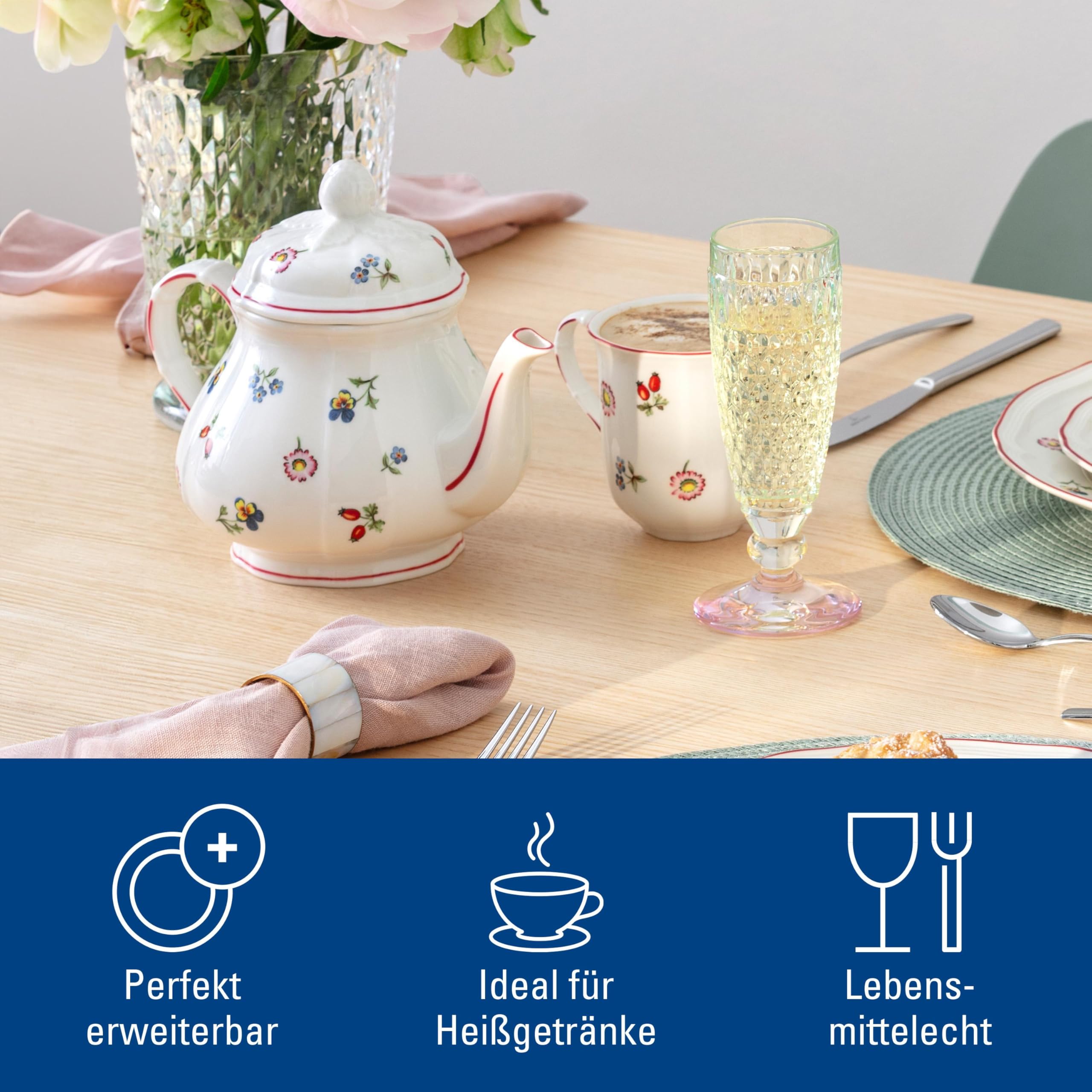 Villeroy & Boch - Petite Fleur Teekanne 900 ml Weiß, Spülmaschinenfest, Mikrowellensicher, Kaffeekanne, Kanne mit Deckel, Porzellankanne, Blümchengeschirr, Premium Porzellan