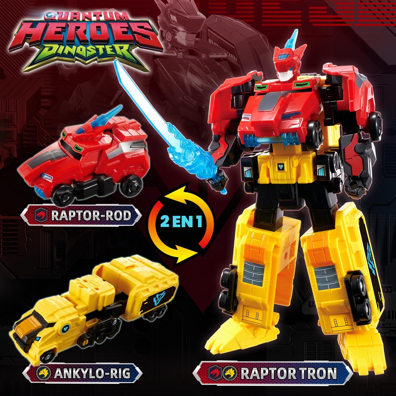 QUANTUM HEROES DINOSTER Robot Transforming 2 en 1 Raptor Tron, 7,48 Pouces, Jouets Transformable pour Enfants, Jouets Transforming Chariot et Robot pour garçons et Filles de 5 6 7 8 9 10 Ans