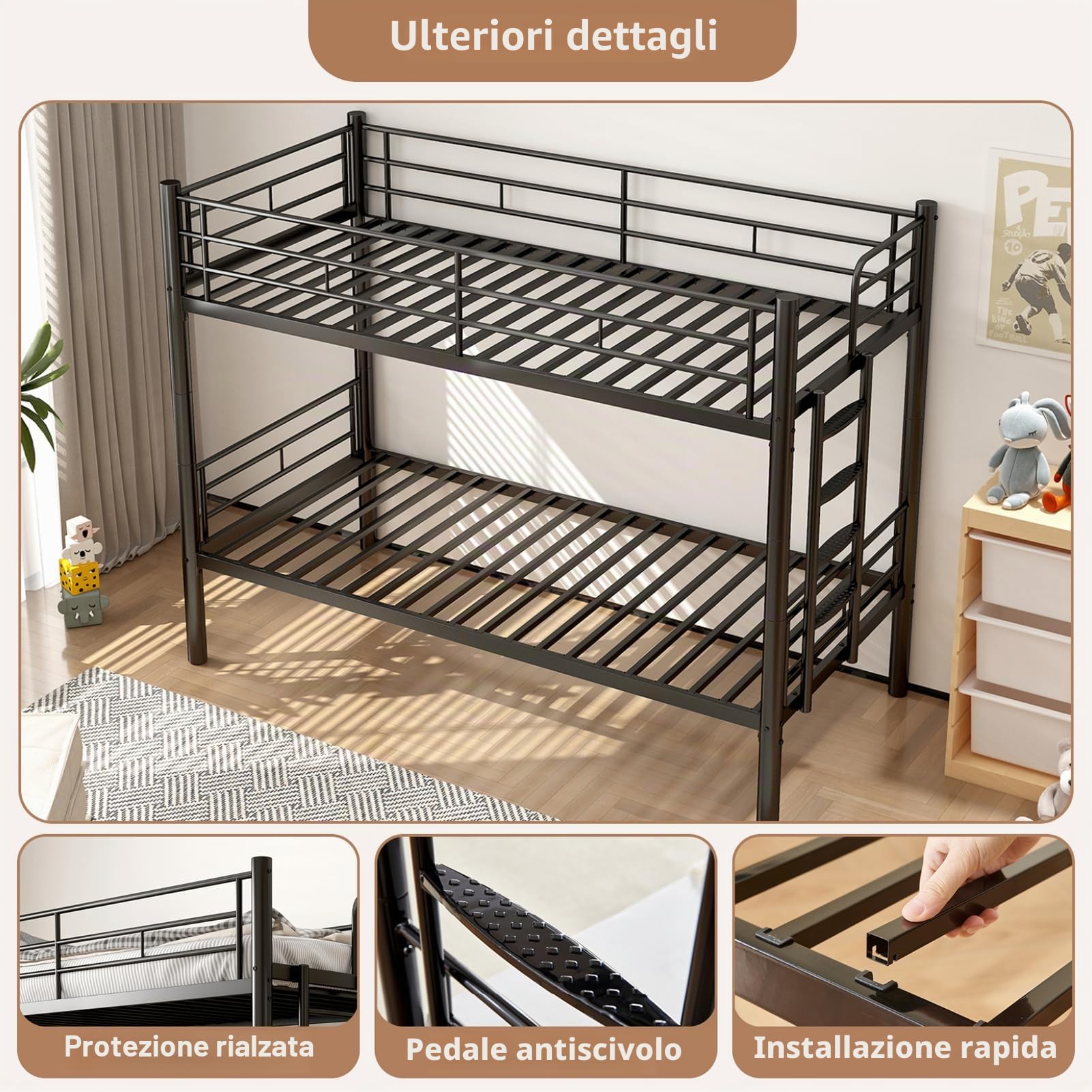 Letto a Castello per Adulti 90 X 200 cm, Letti a Castello Metallo Convertibile in 2 Letti Singoli, Letto a Castello per Bambini con Sicurezza Parapetto & Scala Antiscivolo, Stabile e Durevole (Nero)