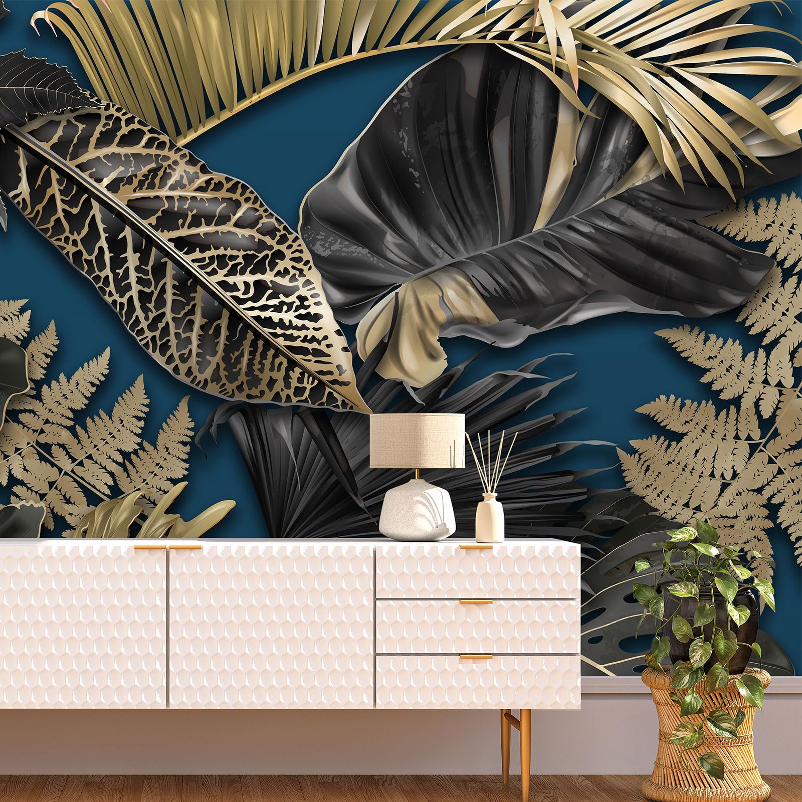 Papier peint panoramique feuilles tropicales Lumalea au design haut de gamme de 390 cm de large