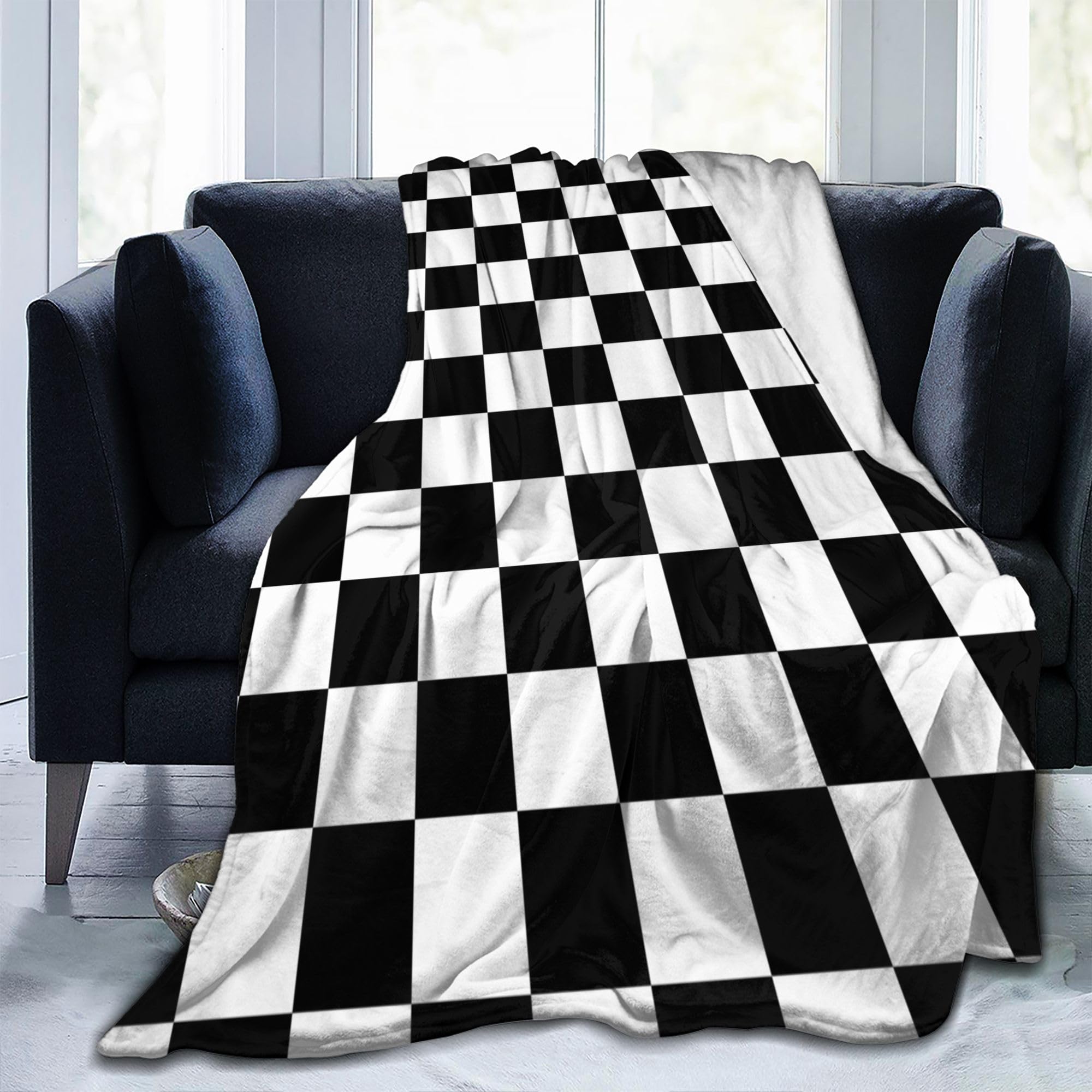 Checkered Throw Blanket for Couch Bed, Flannel Blanket with Checkerboard Grid Home Decor, Soft Cozy Black and White Warm Blankets for Four Seasons, 50"x60"