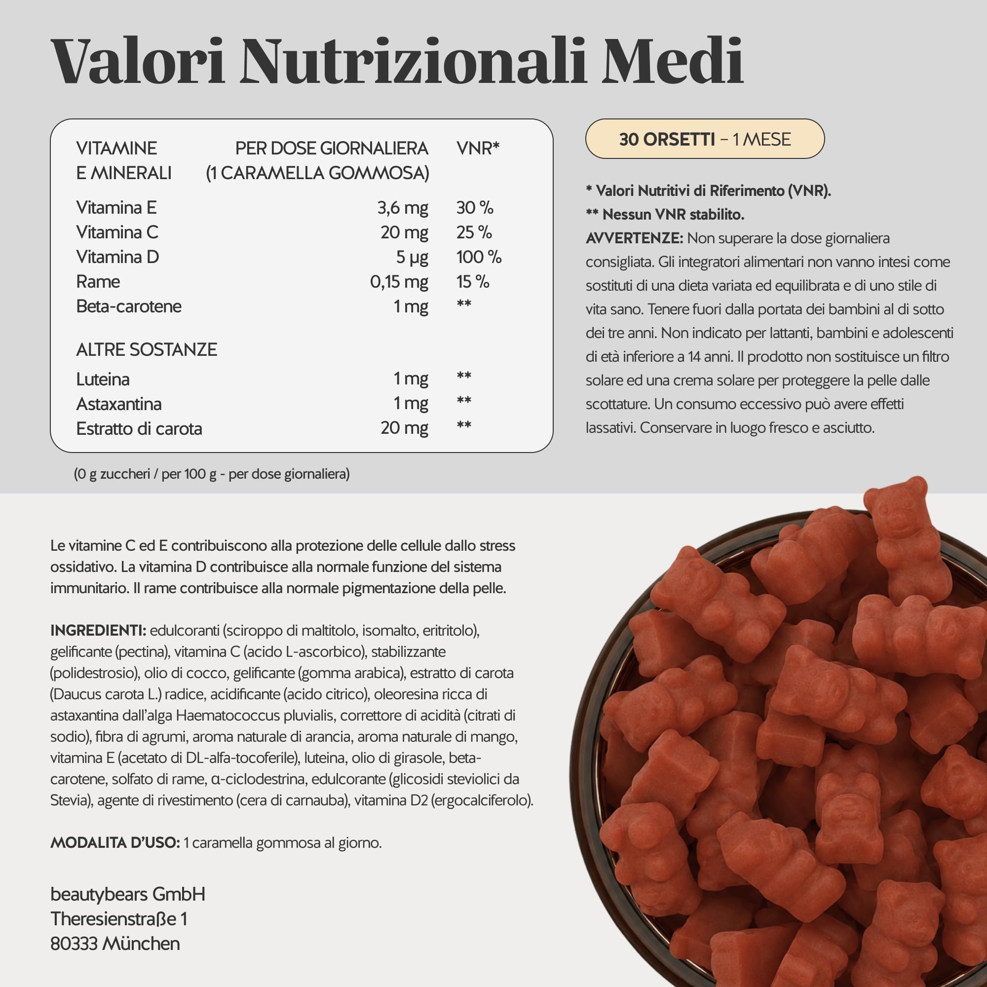 Golden Goddess Tan Vitamin Caramelle Gommose - Complesso Abbronzante - Vitamina C, E, D, Betacarotene e Rame - 30 pezzi (1 mese) - Senza Zucchero, Vegano - Bears with Benefits