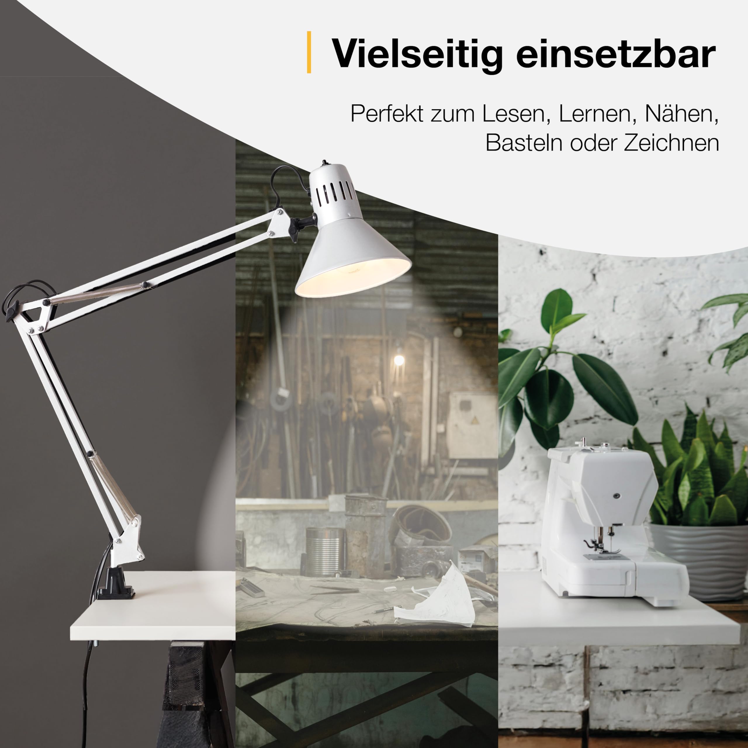 BRILLIANT Lampe De Bureau Hobby Avec Clip Blanc – Tête Orientable – E27 40W Max – Pressostat – Idéale Travail & Lecture