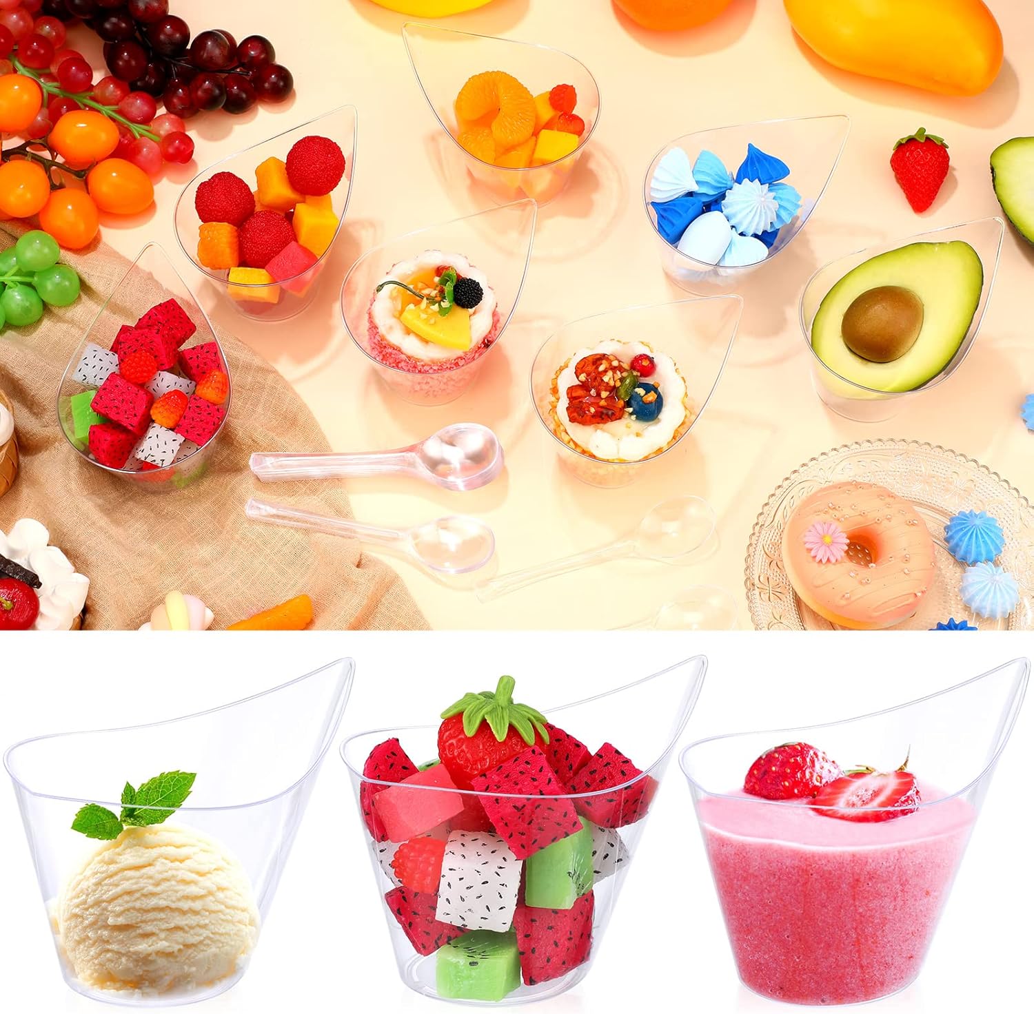 150 Pack Clear Plastic Dessert Cups with Tasting Spoons, Appetizer Cups Yogurt Parfait Bowls with Spoons for Party Supplies Catering Chocolate Desserts Buffet Food Display (7 oz)