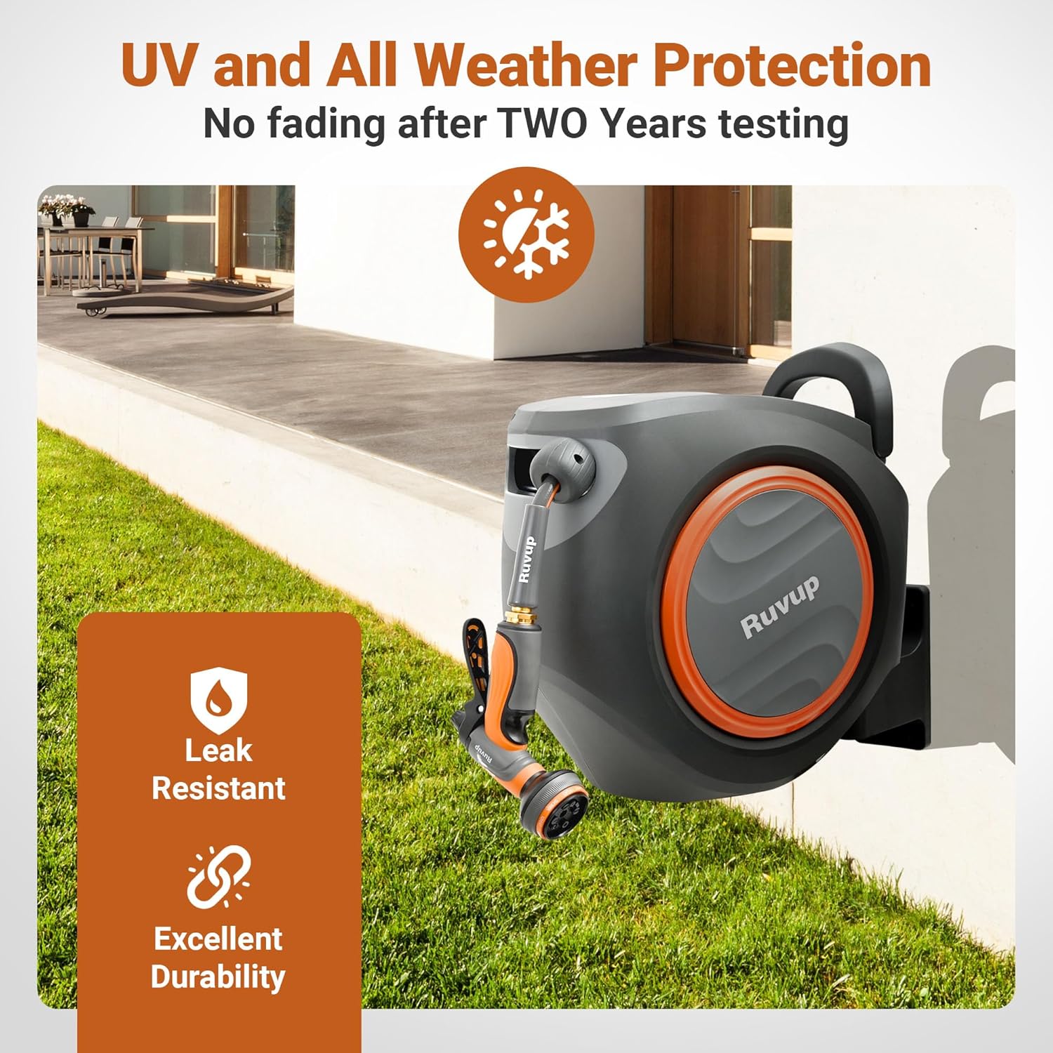 Ruvup Retractable Garden Hose Reel, 1/2” x 110ft+6.5ft Automatic Water Hoses Reels for Outside with 10 Pattern Nozzle, UV Resistant Wall Mount Slow Retraction Any Length Lock 180° Swivel Bracket