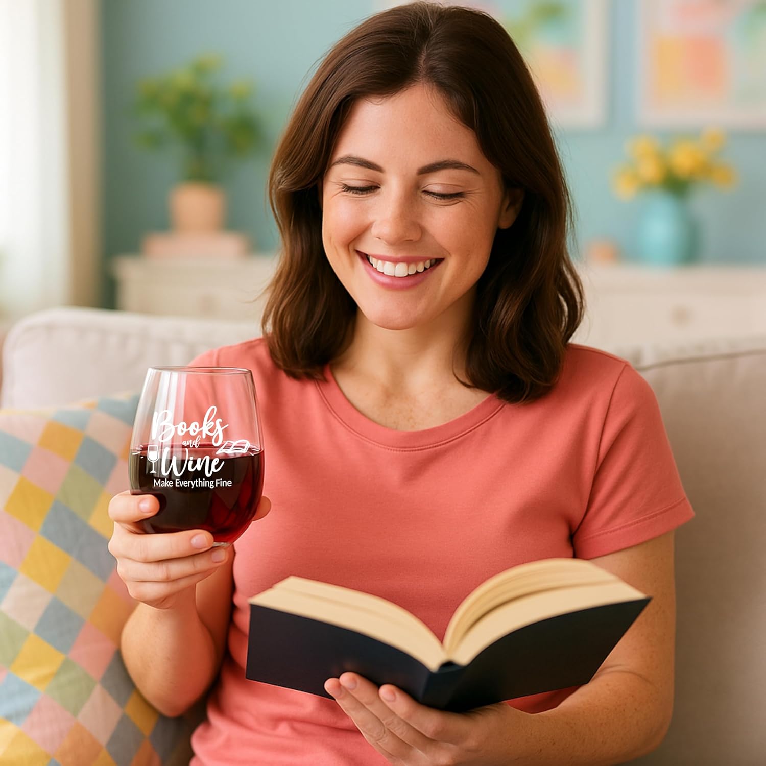 Book Lovers Gifts for Women – Stemless Wine Glass for Readers – Funny Bookish Gift, Christmas & Stocking Stuffer for Women Who Love Books and Wine – Books and Wine Make Everything Fine - Image 2