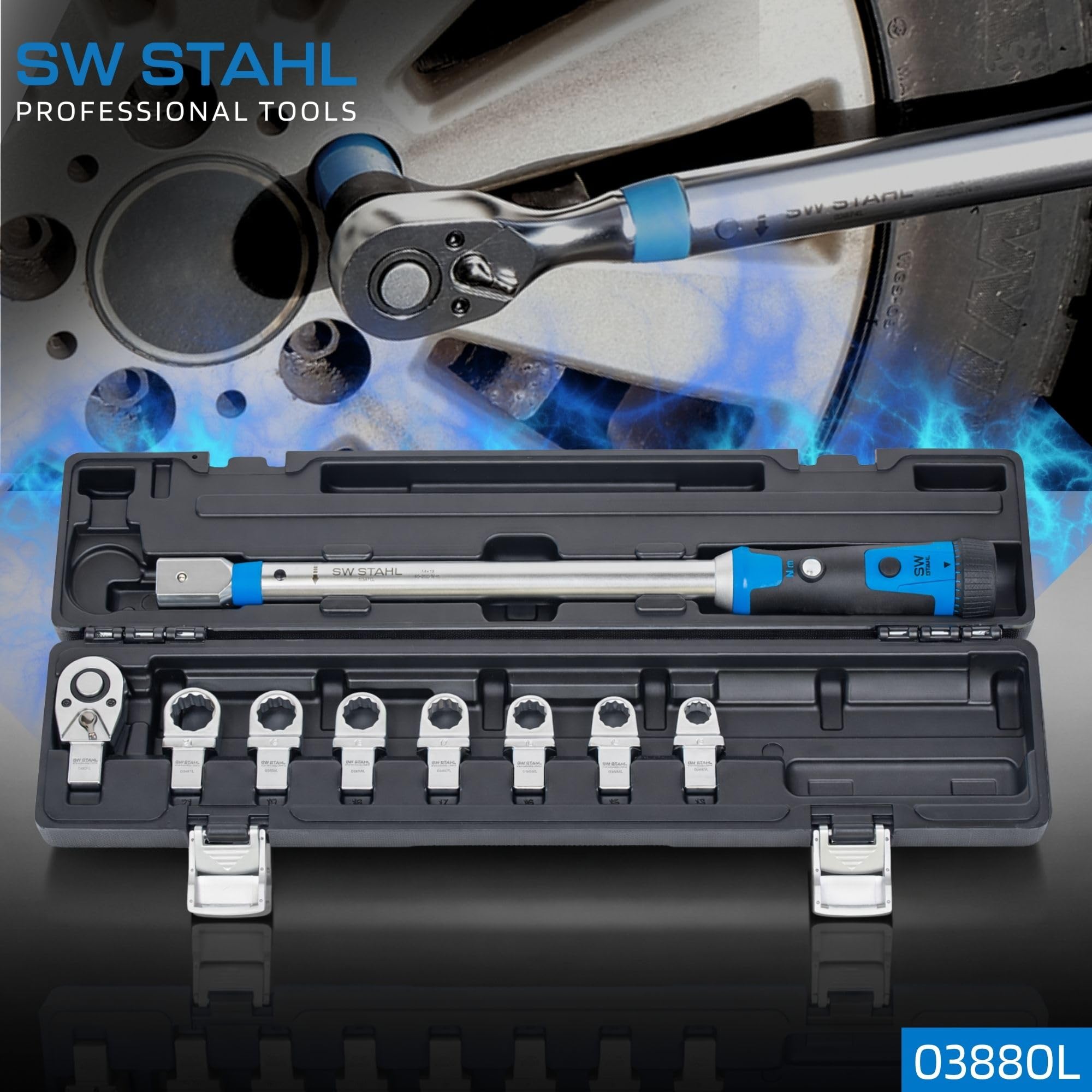 SW-Stahl 03880L Jeu de Clés Dynamométriques Professionnel - Outil Manuel | Jeu de douilles inclus, outil de précision pour mécanique automobile, coffret de rangement robuste, acier de haute qualité