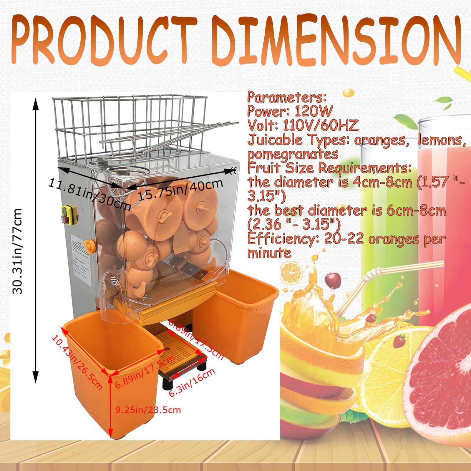 Banfluxion 110V 120W Automatic Juice Extractor Commercial Orange Juicer Extractor for 22-30 per Minute Stainless Steel Orange Squeezer with 2 Peel Collecting Buckets and Pull-Out Filter Box
