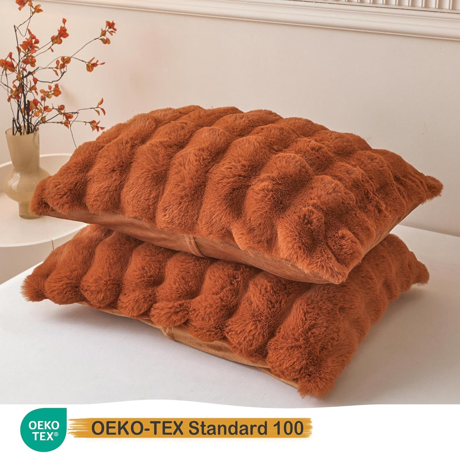 LIFEREVO 2 Pieces Fluffy Faux Rabbit Fur Pillow Cases, Luxury Soft Plush Shaggy Bubble Pillowcases Standard Size with Zipper, Furry Fuzzy Long Pillow Shams Adult Girls Kids Teens 20x26, Burnt Orange - Image 3