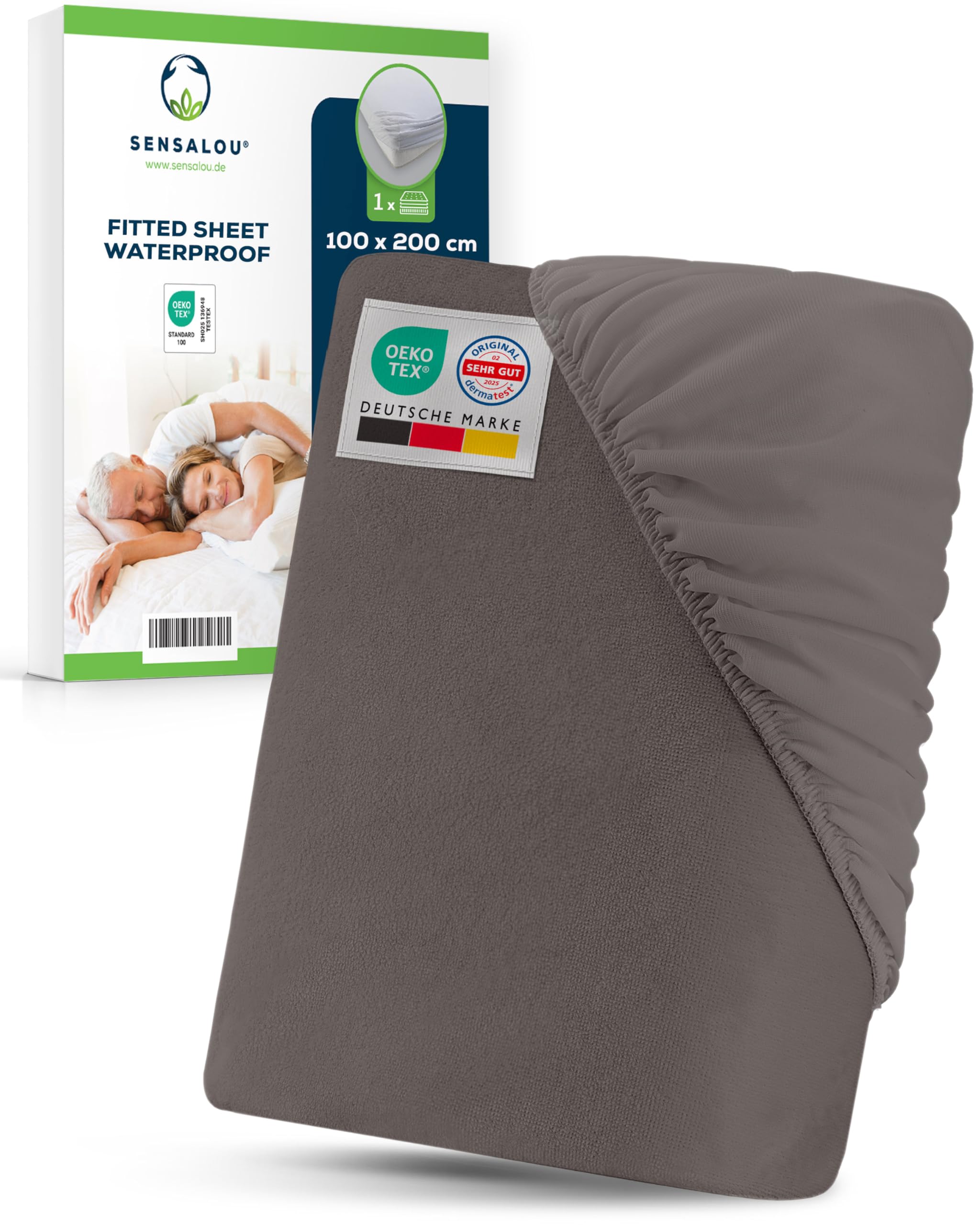 Sensalou Waterproof Fitted Sheet 100 x 200 cm Grey – Waterproof Mattress Protector with Terry Cloth Surface for Single Bed and Adult Mattress – Breathable Silent Mattress Protection Oeko-Tex Dermatest