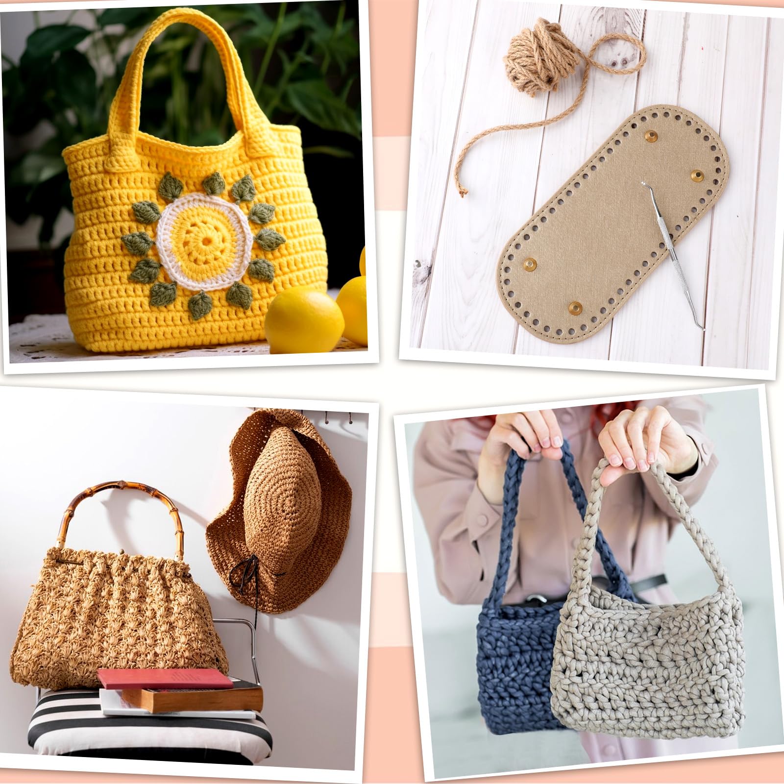 4 bases de bolsa para ganchillo, parte inferior de bolso para bolsas de ganchillo, parte inferior de bolso con agujeros, bolsa de ganchillo ovalada larga para tejer la base de bolsos de hombro (4