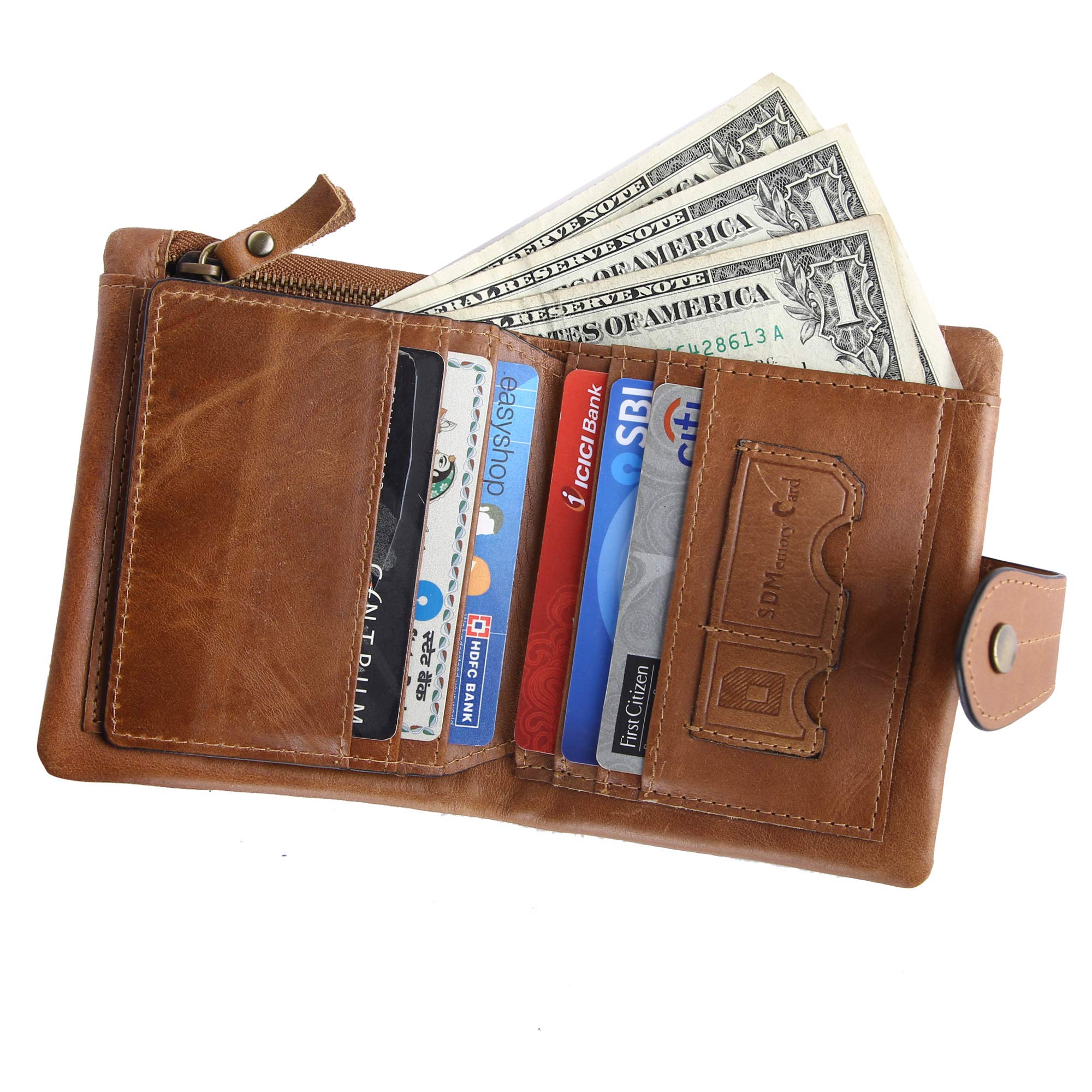 Contacts Men's Genuine Leather Wallet | RFID Blocking Card Holder Wallet for Men | 10 Card Slots, 1 ID Window| Stainless Steel Money Clip| Zip Coin Pocket (Beige) 2