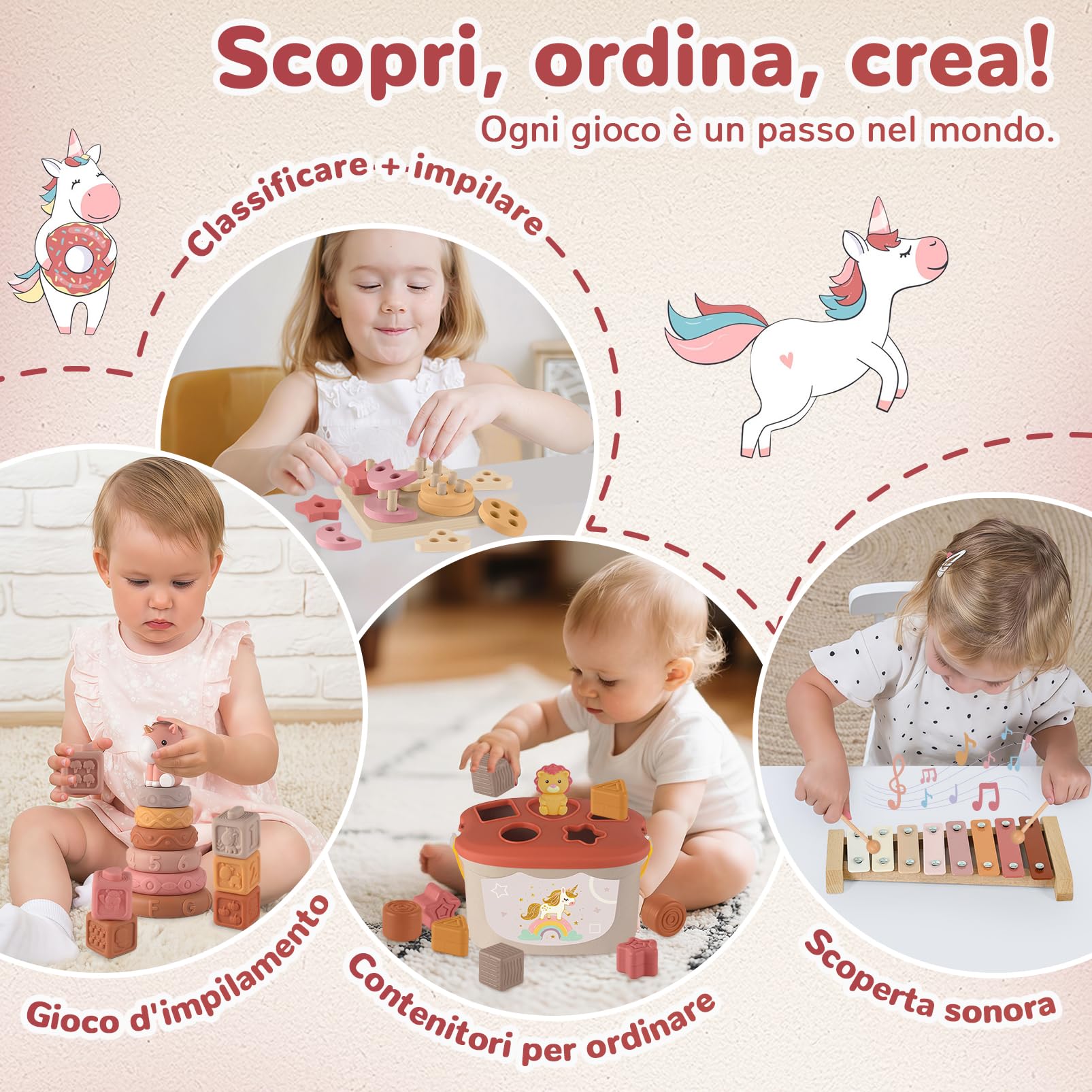 Giochi Neonato 6-9 Mesi, Giochi Montessori 6 Mesi 1 Anno 5 in 1 Educativo, Giocattoli Bambino 6-12 Mesi, Giochi Snsoriali per Neonati, Giocattoli Impilabili, Regalo Bambino 6 9 12 Mesi
