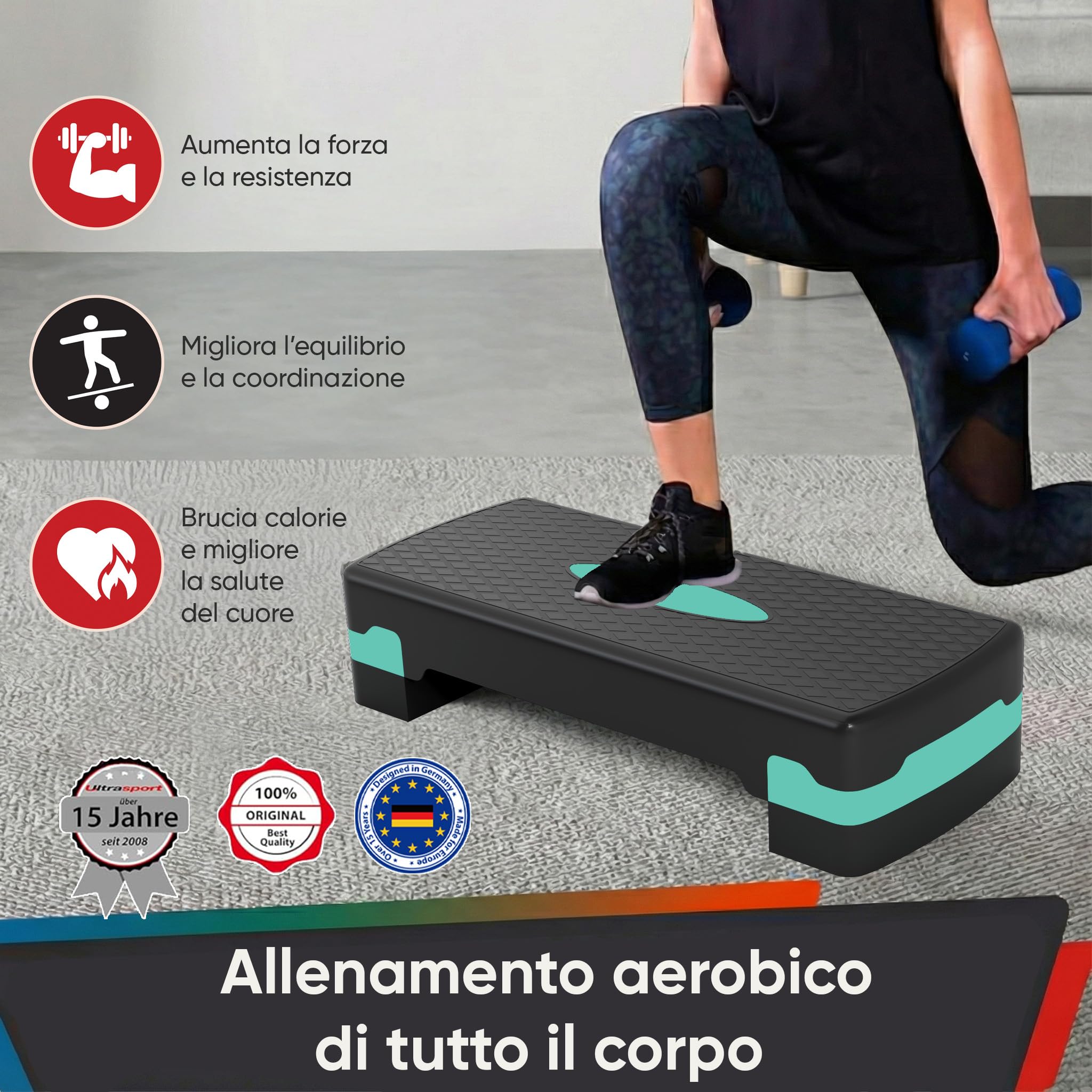 Ultrasport Step Fitness Aerobica Stepper Casa Antiscivolo Regolabile 2 Altezze Stepboard 68x28 cm Verde