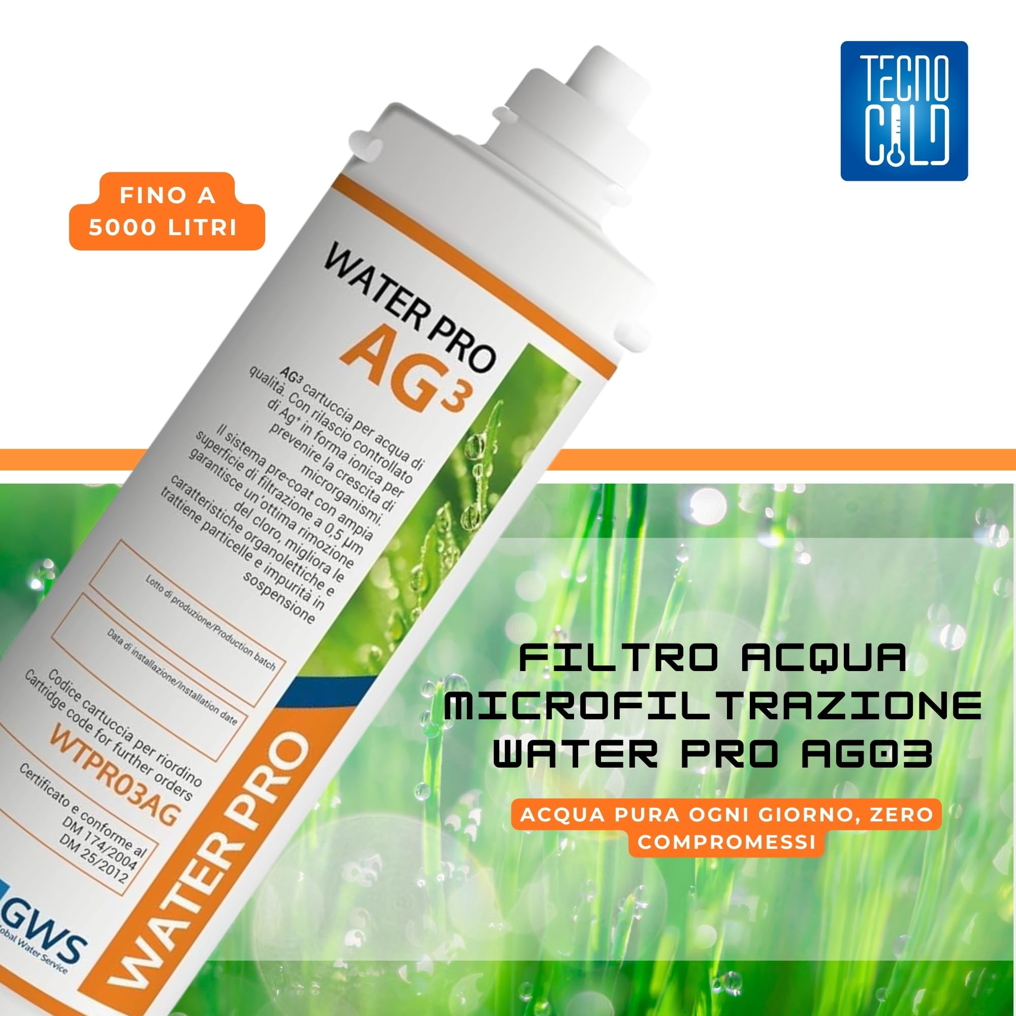 Filtro Acqua Microfiltrazione 0.5 µm Water Pro AG03 – Carbon Block con Membrana Plissettata – 5000 L – 3 L/min – Azione Batteriostatica – Riduce Cloro, Odori e Impurità