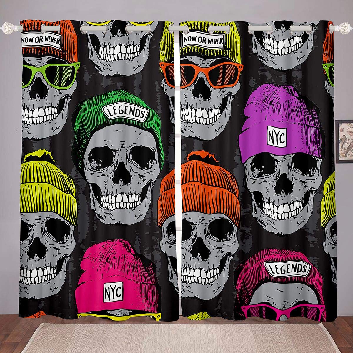 Homemissing Boys Skull Pattern Window Treatments Gothic Bones Style Window Drapes Skeleton Design Curtain For Kids Adults Cool Skull Print Window Curtain Ultra Soft Room Decor W66*L90